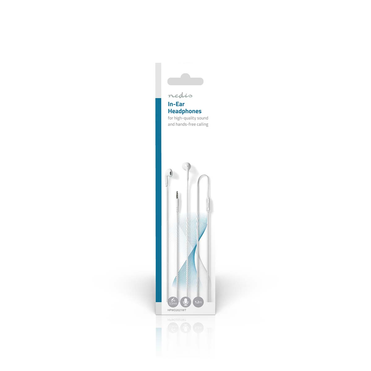 In-Ear-Kopfhörer-Verpackung mit weißen Kopfhörern und blau-weißem Design.