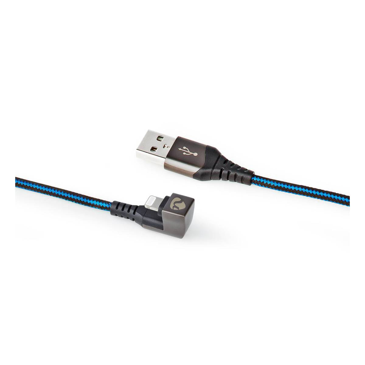 Câble USB vers Lightning, noir et bleu, sur fond blanc.