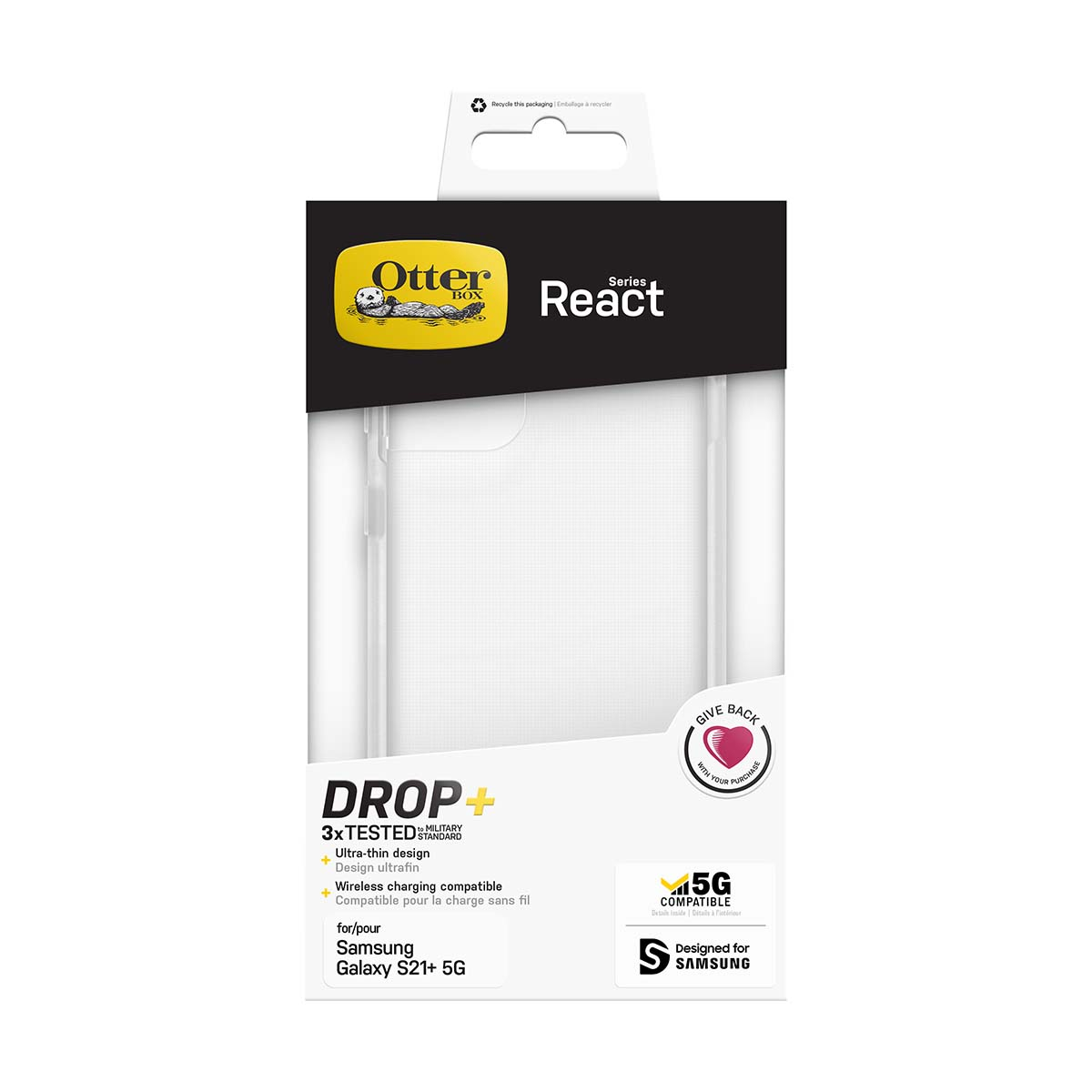 Transparente Handyhülle-Box mit OtterBox-Logo. Enthält Produktdetails und Samsung Galaxy S21+ 5G Kompatibilität.