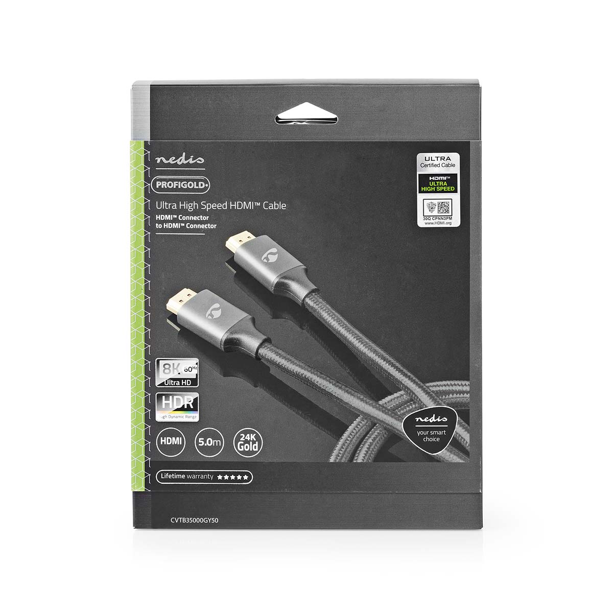 HDMI-Kabel in einer Box, Verpackung zeigt Details. Schwarzer Hintergrund.
