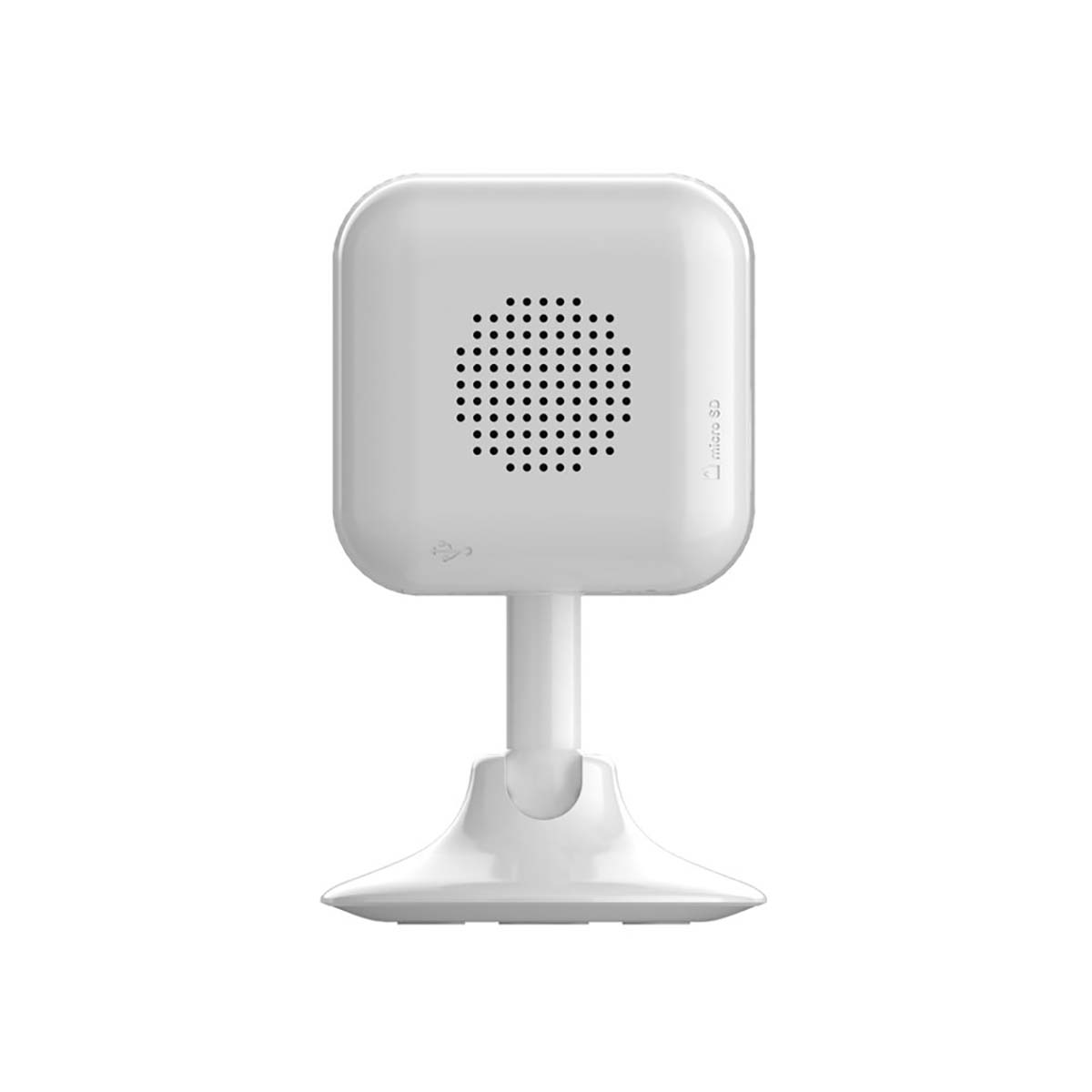 Biała kamera bezpieczeństwa na statywie. Ma głośnik i gniazdo microSD. Design jest zaokrąglony.