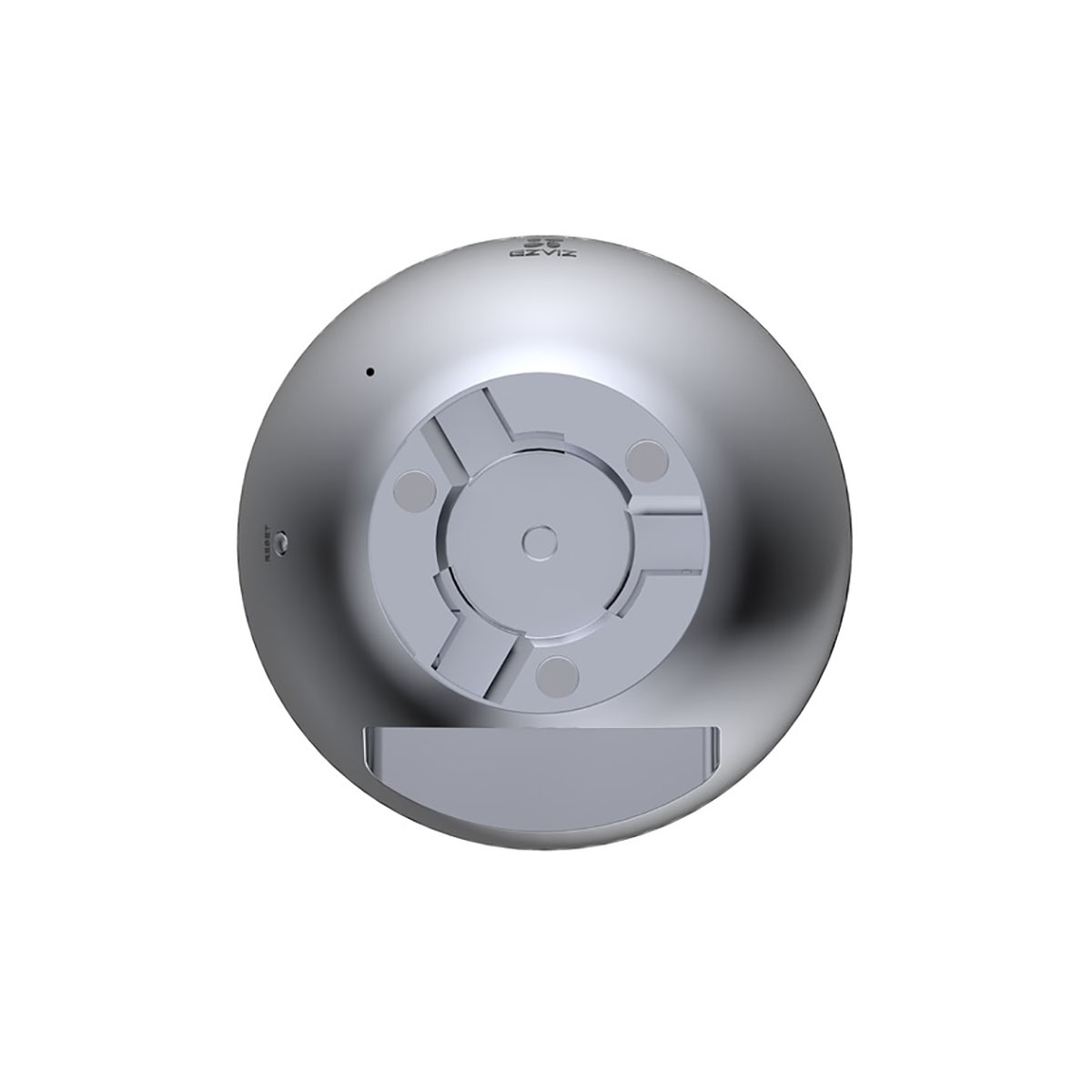 Srebrna kamera bezpieczeństwa. Okrągły kształt z szarą podstawą, marka EZVIZ.