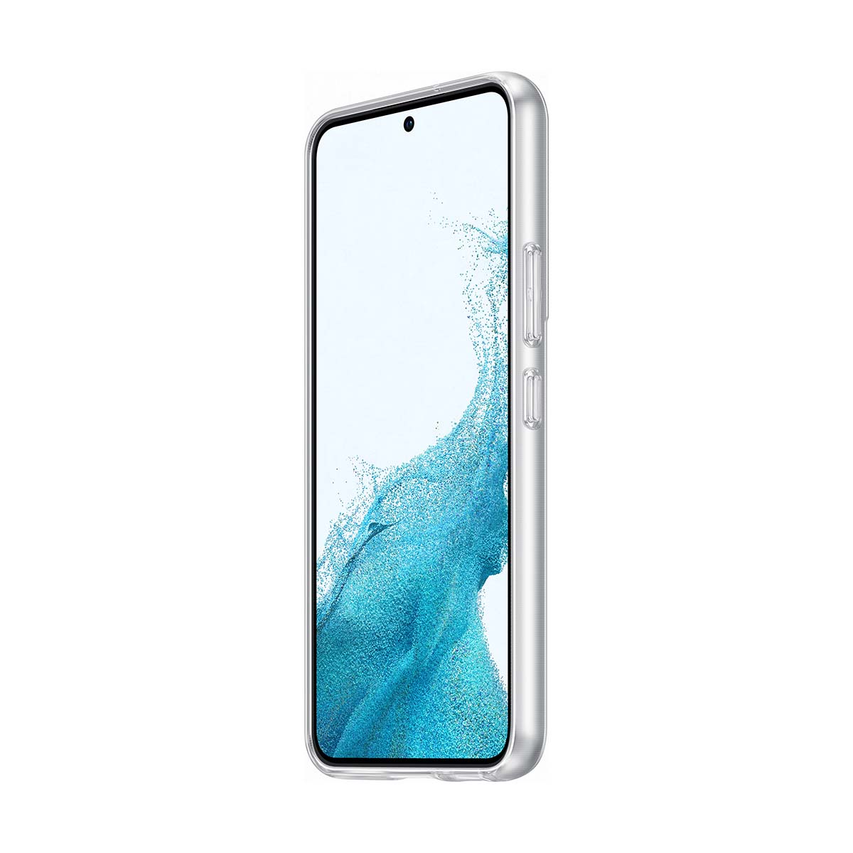 Telefono argentato in custodia trasparente su sfondo bianco. Schermo mostra motivo blu.