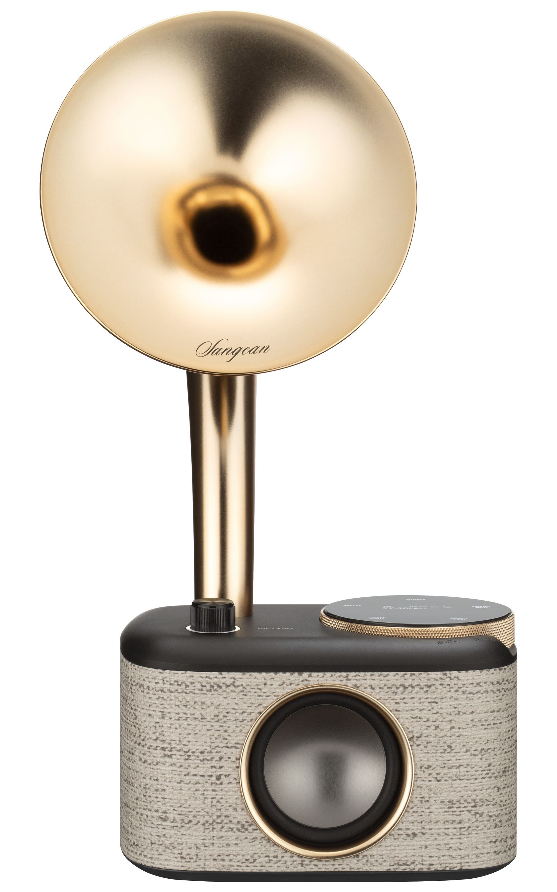 Lautsprecher im Vintage-Stil. Goldene Trompete, schwarze und beige strukturierte Basis, Knopf an der Seite.