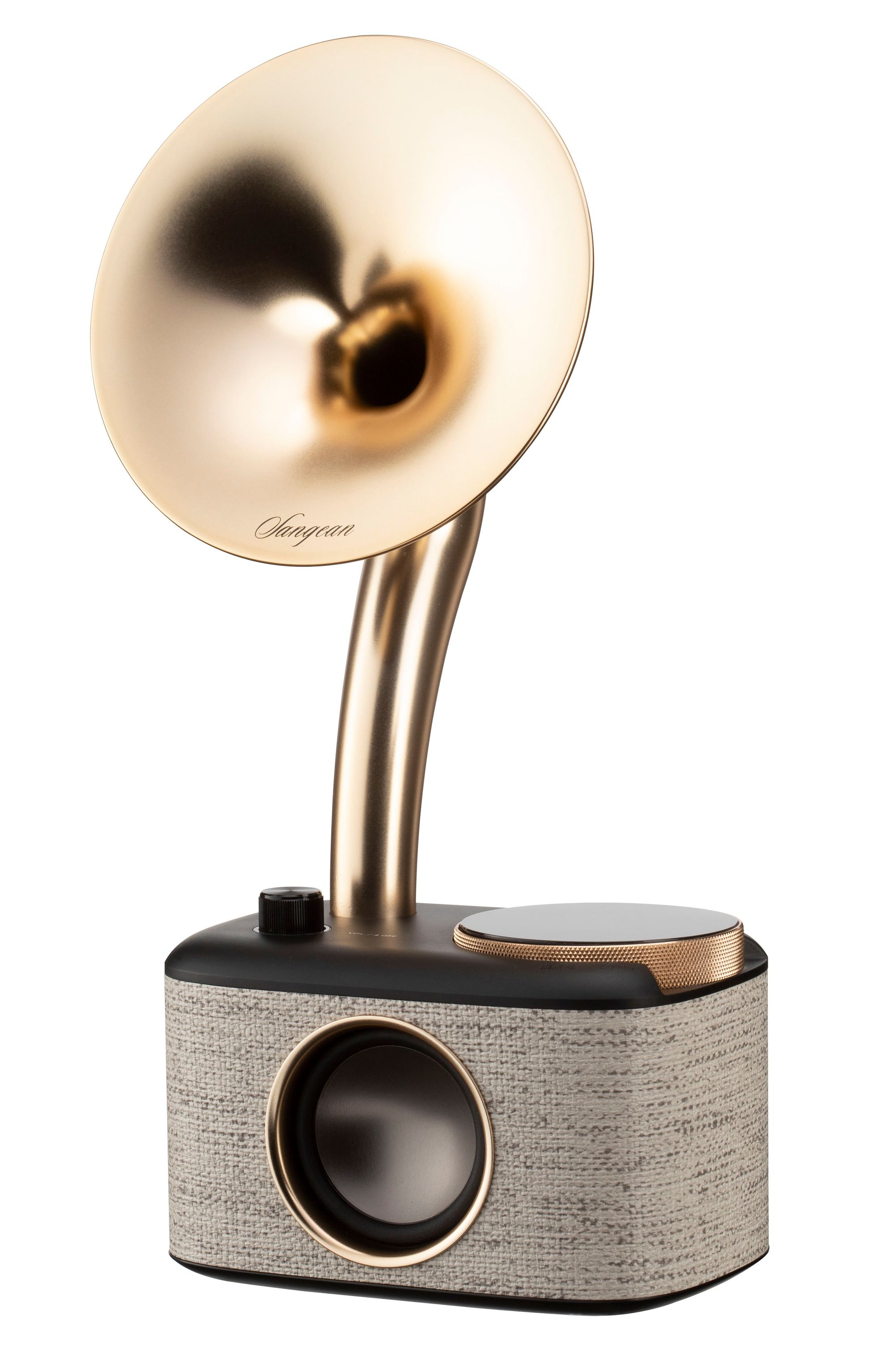 Gold- und hellgrauer Lautsprecher im Grammophon-Stil auf weißem Hintergrund.