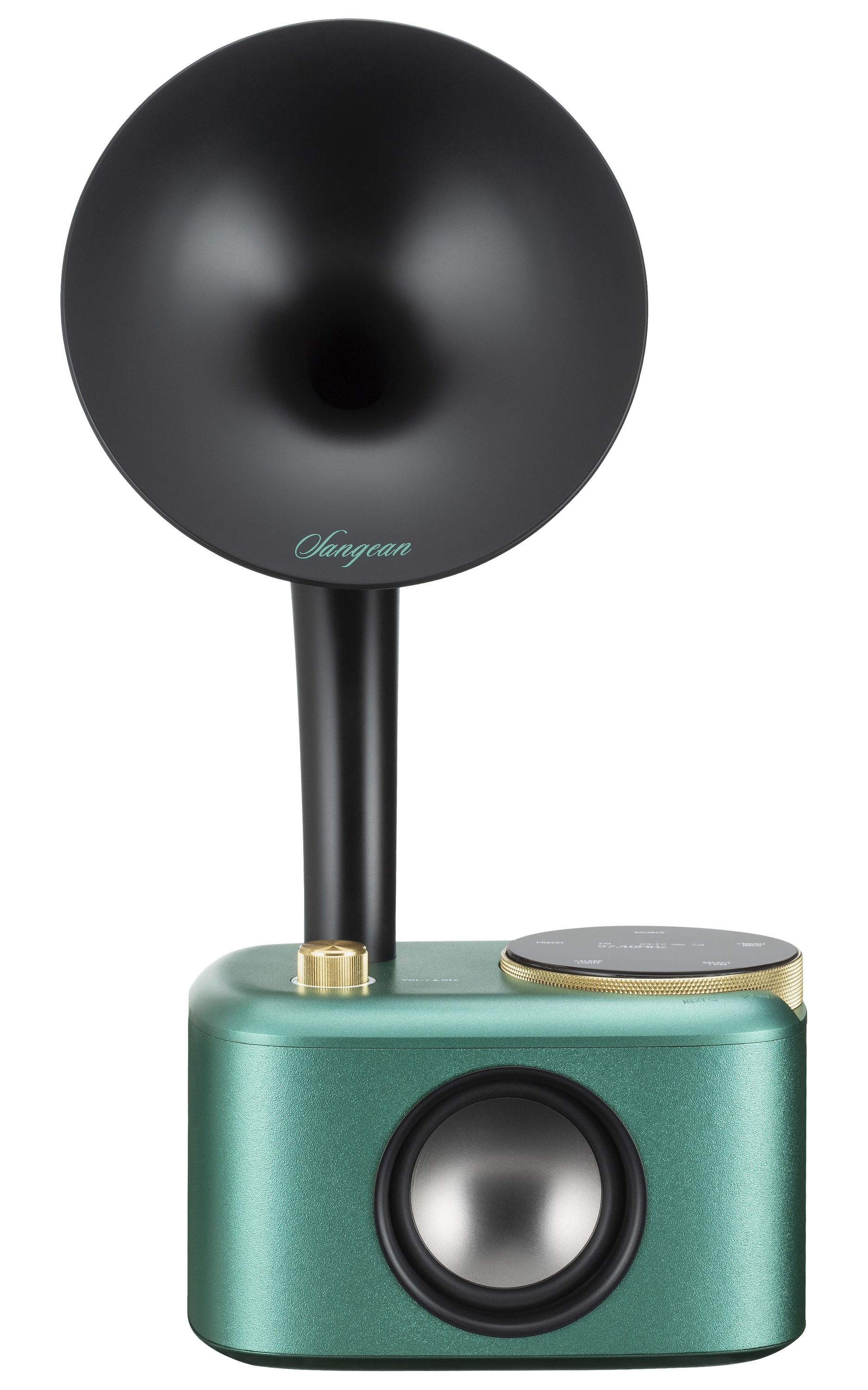 Lautsprecher im Vintage-Stil mit grünem Sockel und großem schwarzen Horn. Die Marke ist 'Sangean'.