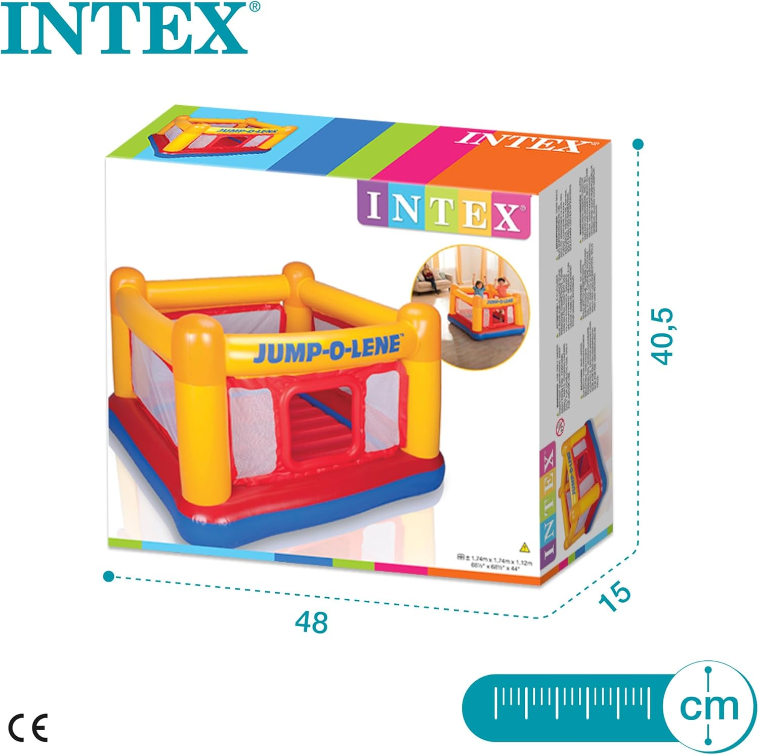 Intex Jump-O-Lene-Box. Sie zeigt ein quadratisches aufblasbares Spielgerät mit Bildern von spielenden Kindern.
