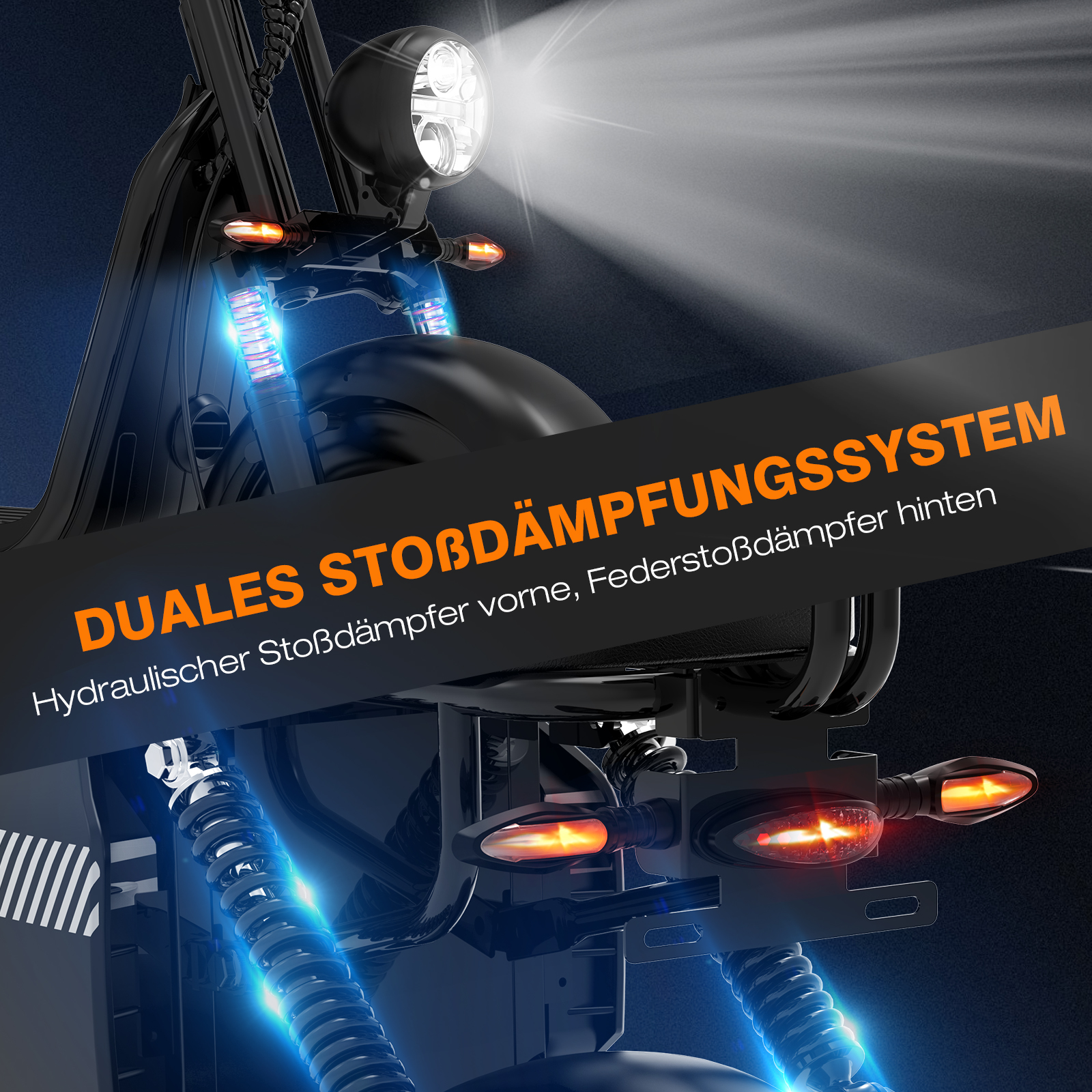 Nahaufnahme des Federungssystems eines Rollers. Text auf Deutsch. Dunkler Hintergrund.