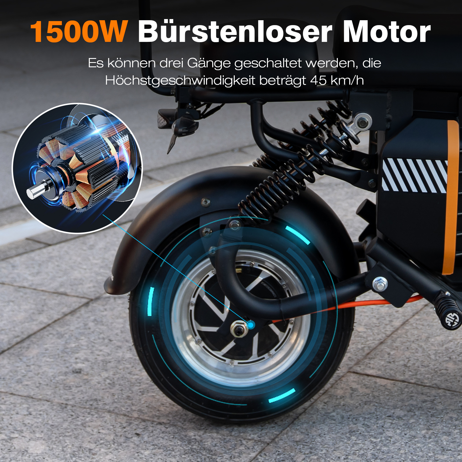 Nahaufnahme eines schwarzen Elektroroller-Rads mit Text über den Motor.