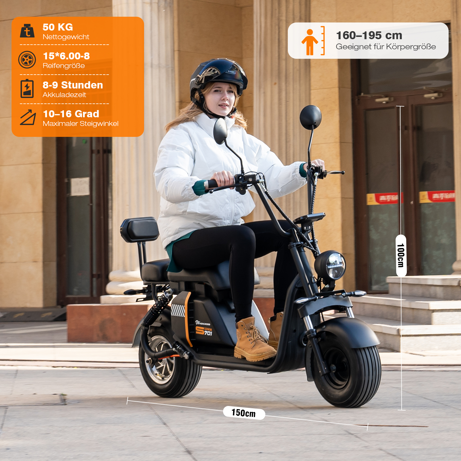 Person fährt einen schwarzen Elektroroller. Der Roller hat orangefarbene Akzente und Textanmerkungen.
