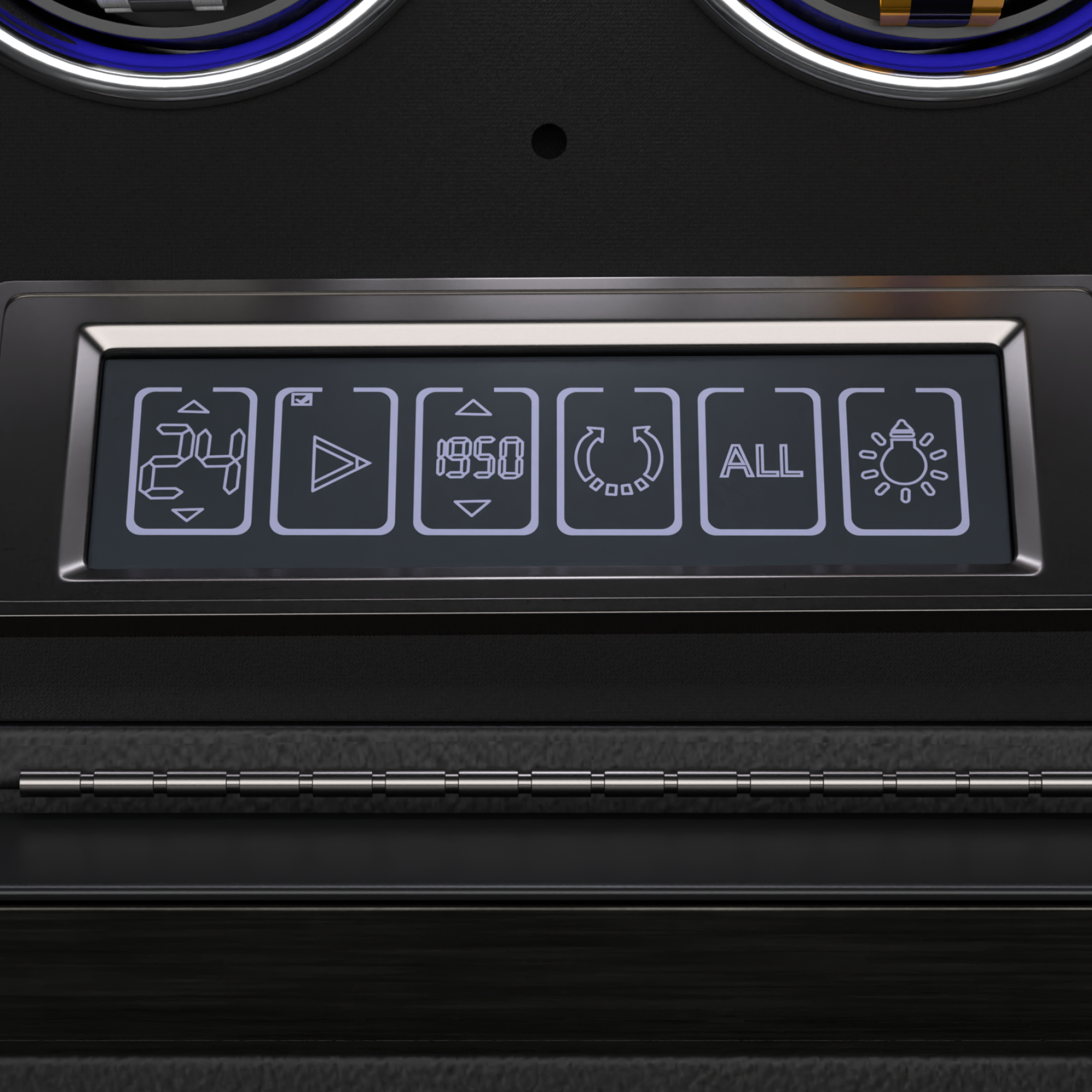 Schwarzes Digitaldisplay mit Symbolen: 24, Wiedergabe, 1950, Aktualisieren, alle und Glühbirne.