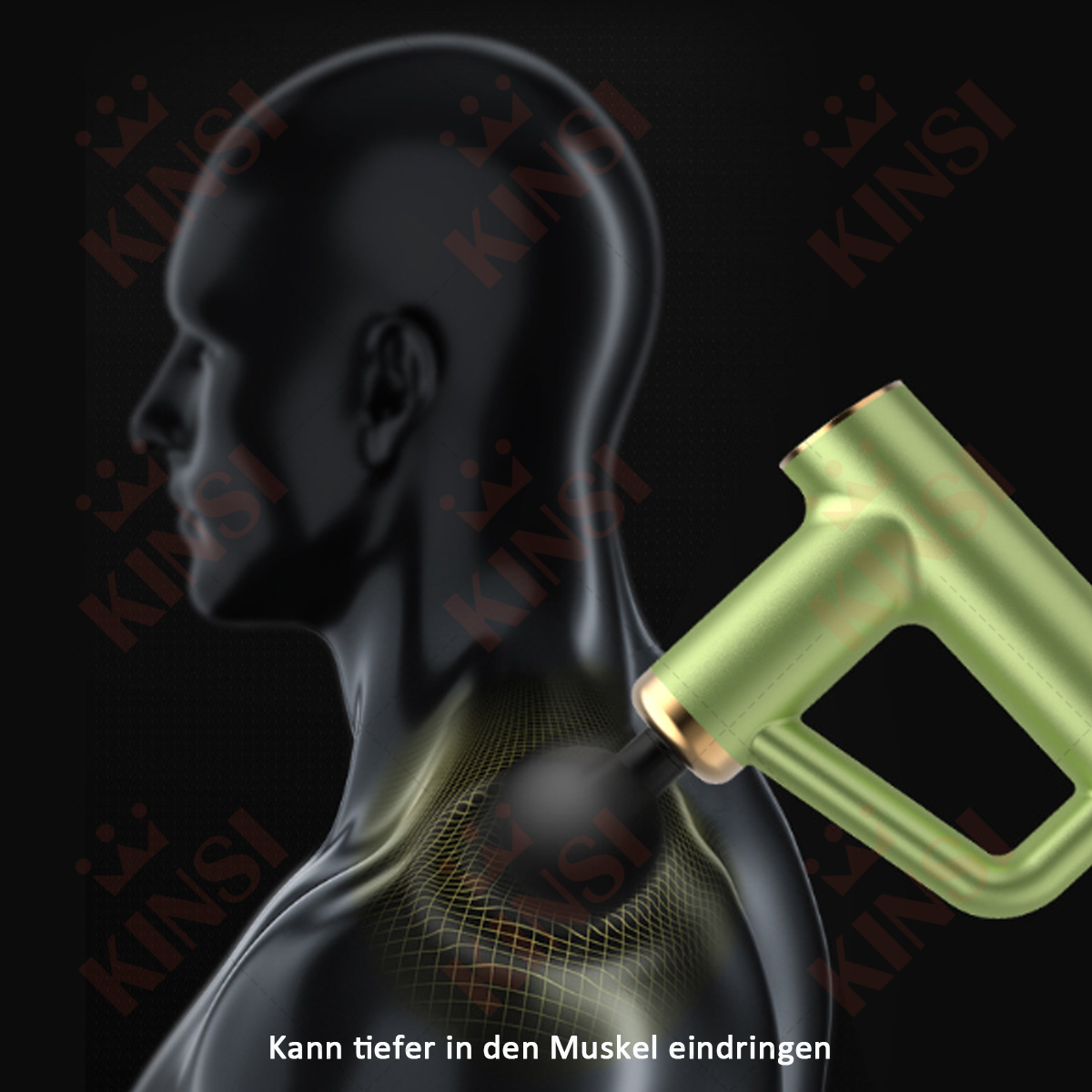 Mann mit Massagepistole auf der Schulter. Text auf Deutsch unten. Schwarzer Hintergrund.