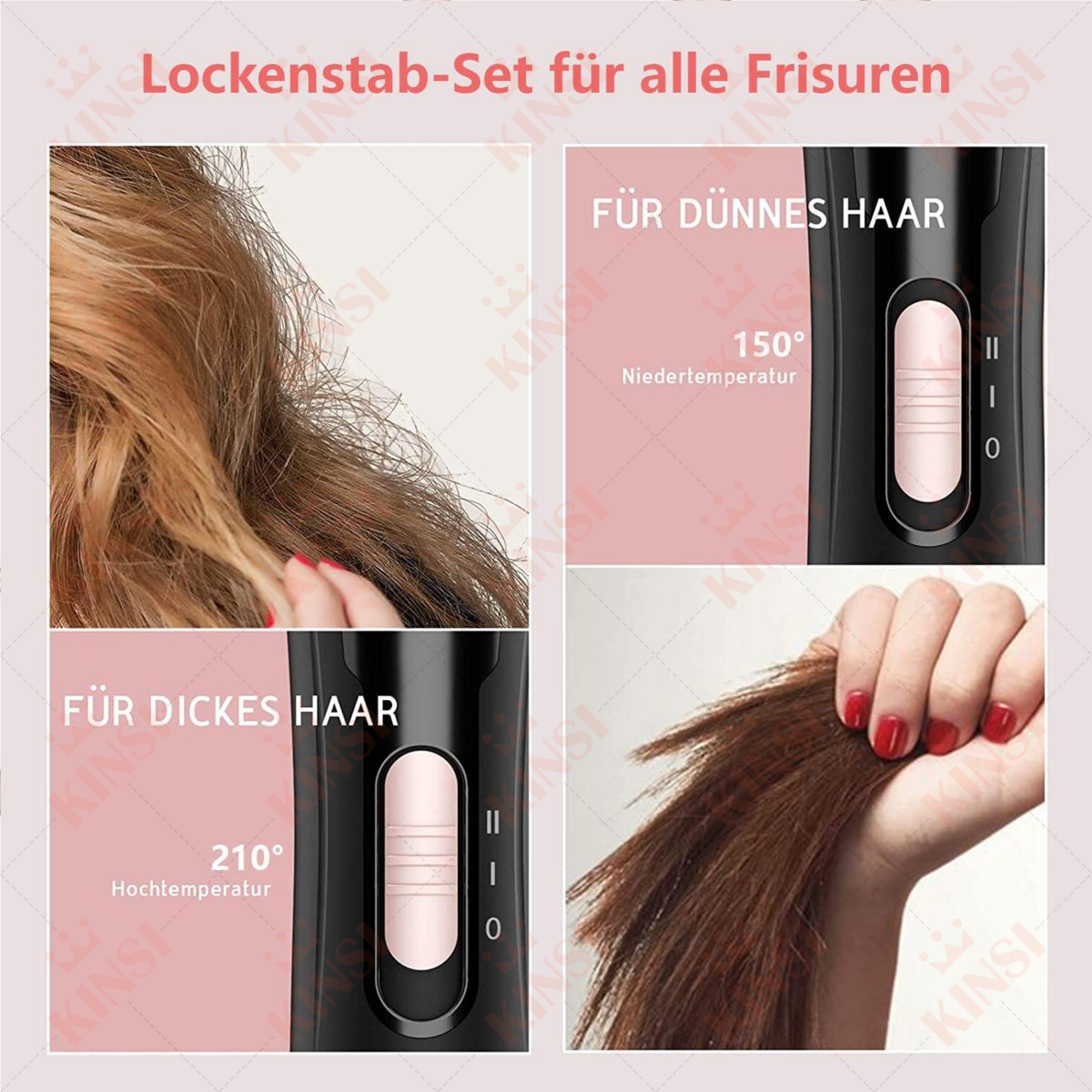 Collage, das einen Lockenstab mit Einstellungen für dickes und dünnes Haar zeigt.
