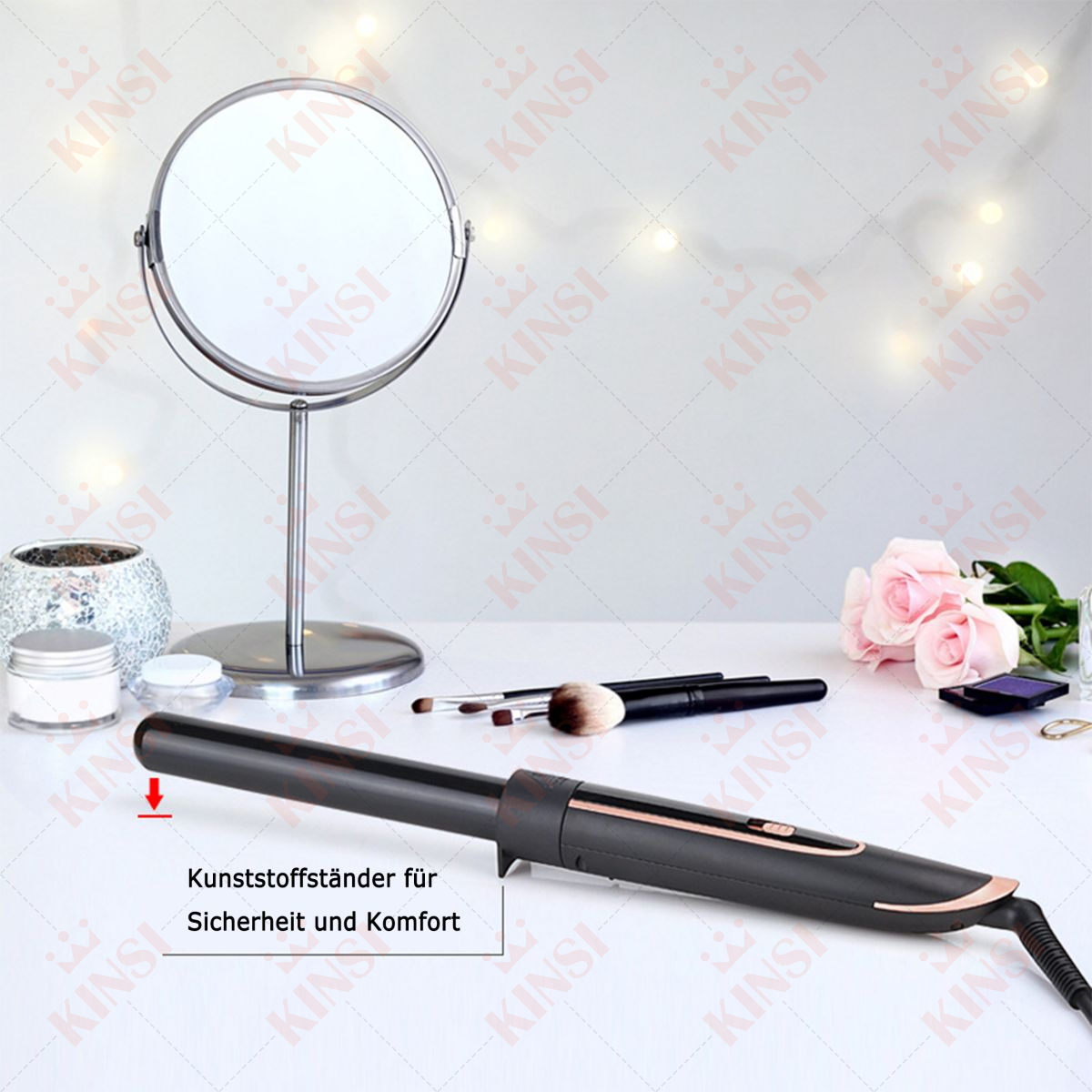 Haarstyler, Spiegel, Make-up und Blumen auf einem Tisch.