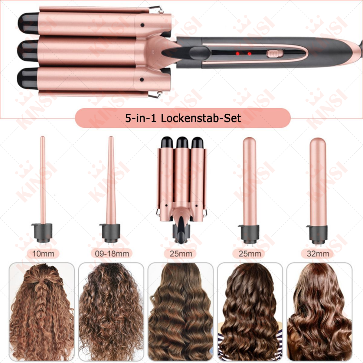 Roségoldenes 5-in-1 Lockenstab-Set mit mehreren austauschbaren Köpfen. Haarbeispiele werden unten angezeigt.