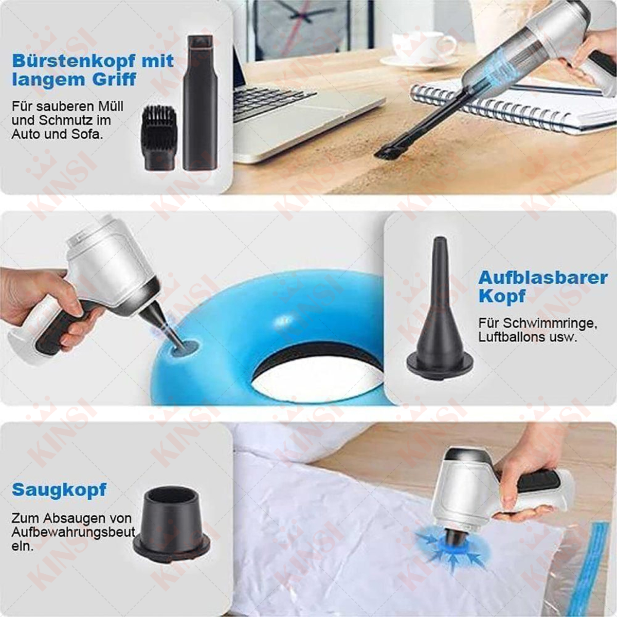 Kolaż akcesoriów do odkurzacza ręcznego. Zawiera szczotkę, dyszę i akcesoria.