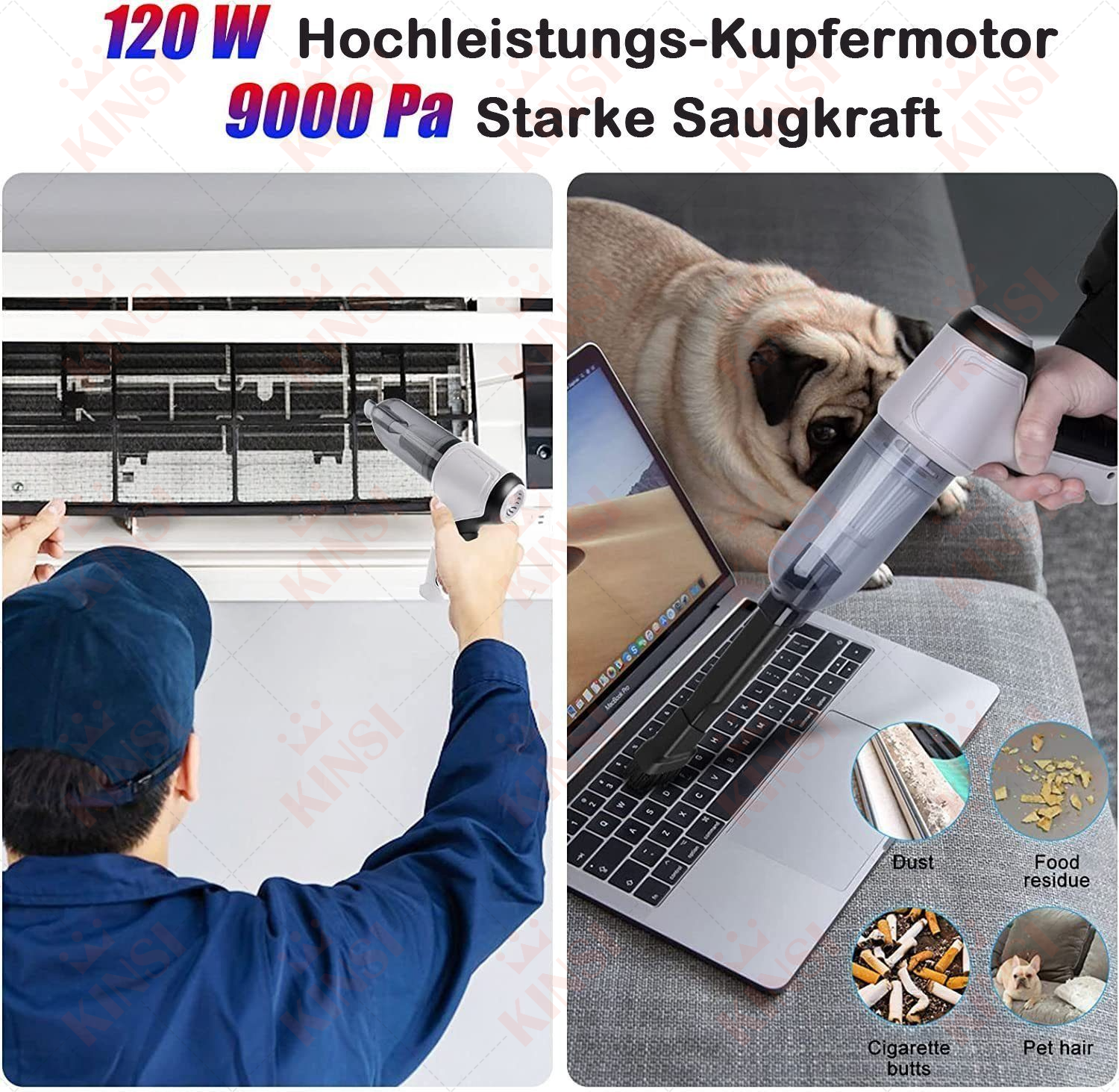 Mężczyzna używa odkurzacza na klimatyzacji i laptopie. Zawiera kurz, jedzenie, niedopałki.