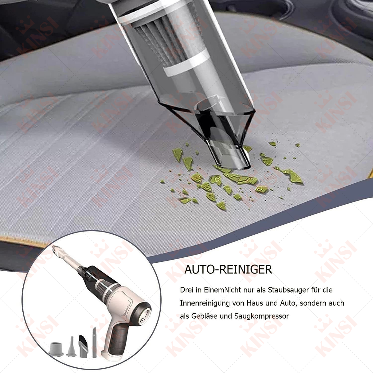 Odkurzacz samochodowy z różnymi nasadkami, na jasnoszarym siedzeniu, z tekstem.