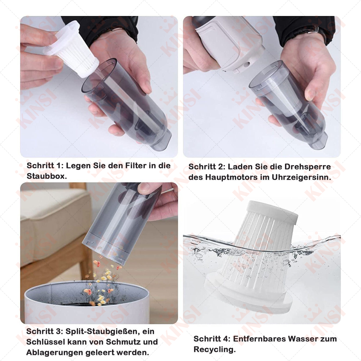 Cztery zdjęcia pokazujące demontaż odkurzacza z tekstem w języku niemieckim.