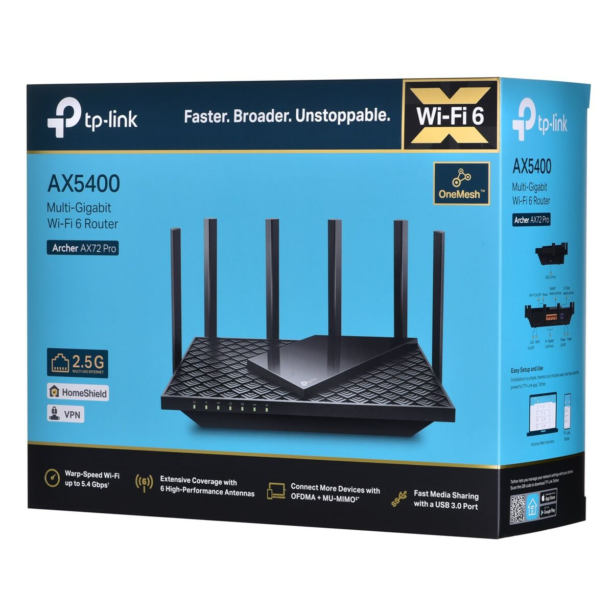 Pudełko routera ze zdjęciem routera i tekstem. Tekst: TP-Link, Wi-Fi 6, AX5400, Archer AX72 Pro i funkcje.