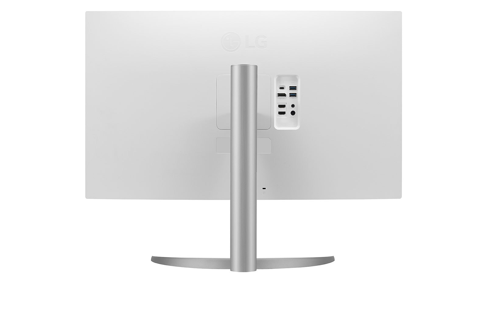 Rear view of a white computer monitor with multiple ports and a silver stand.