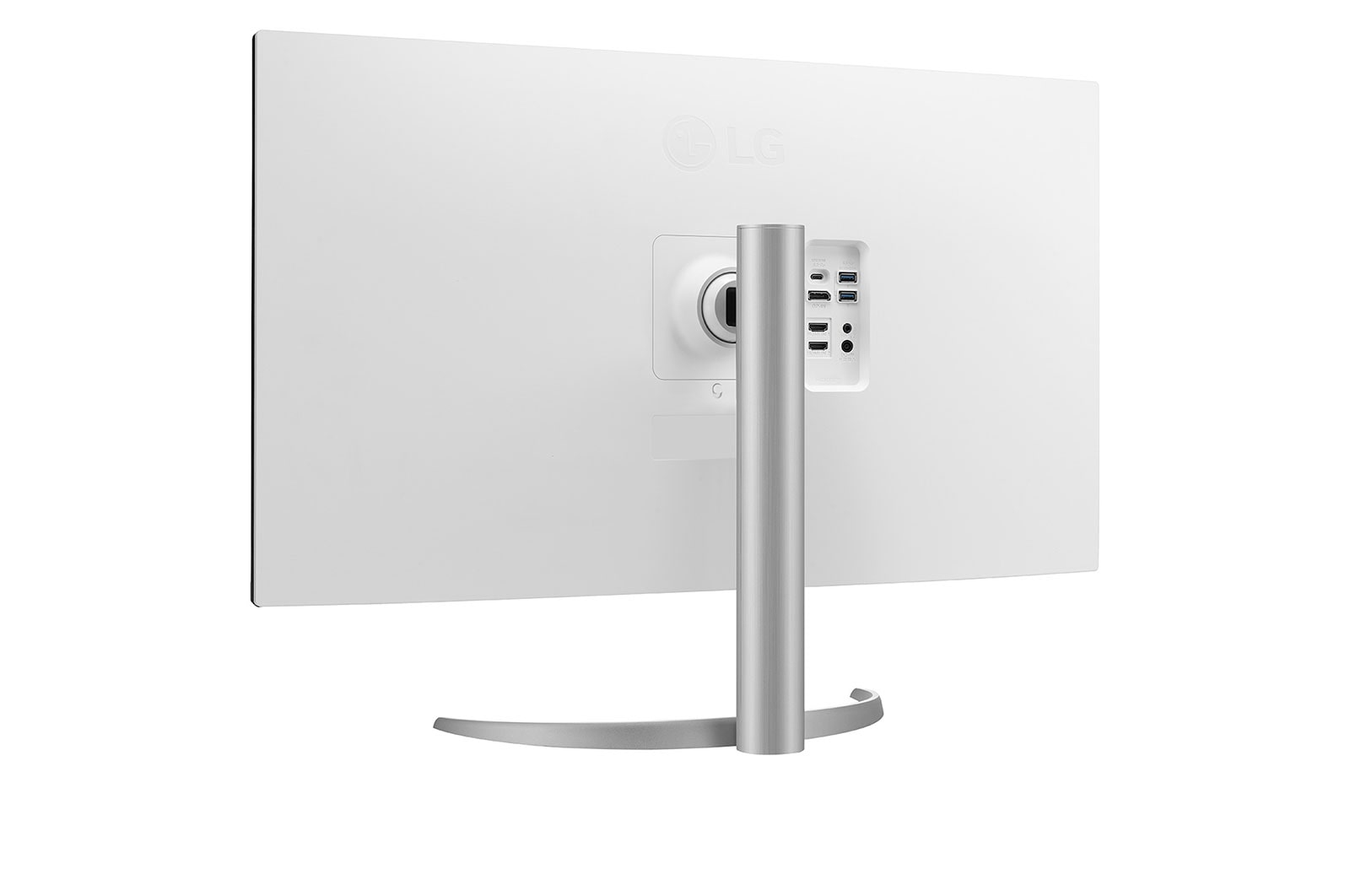 White monitor back view. Silver stand and base. Ports on the back. LG logo. White background.