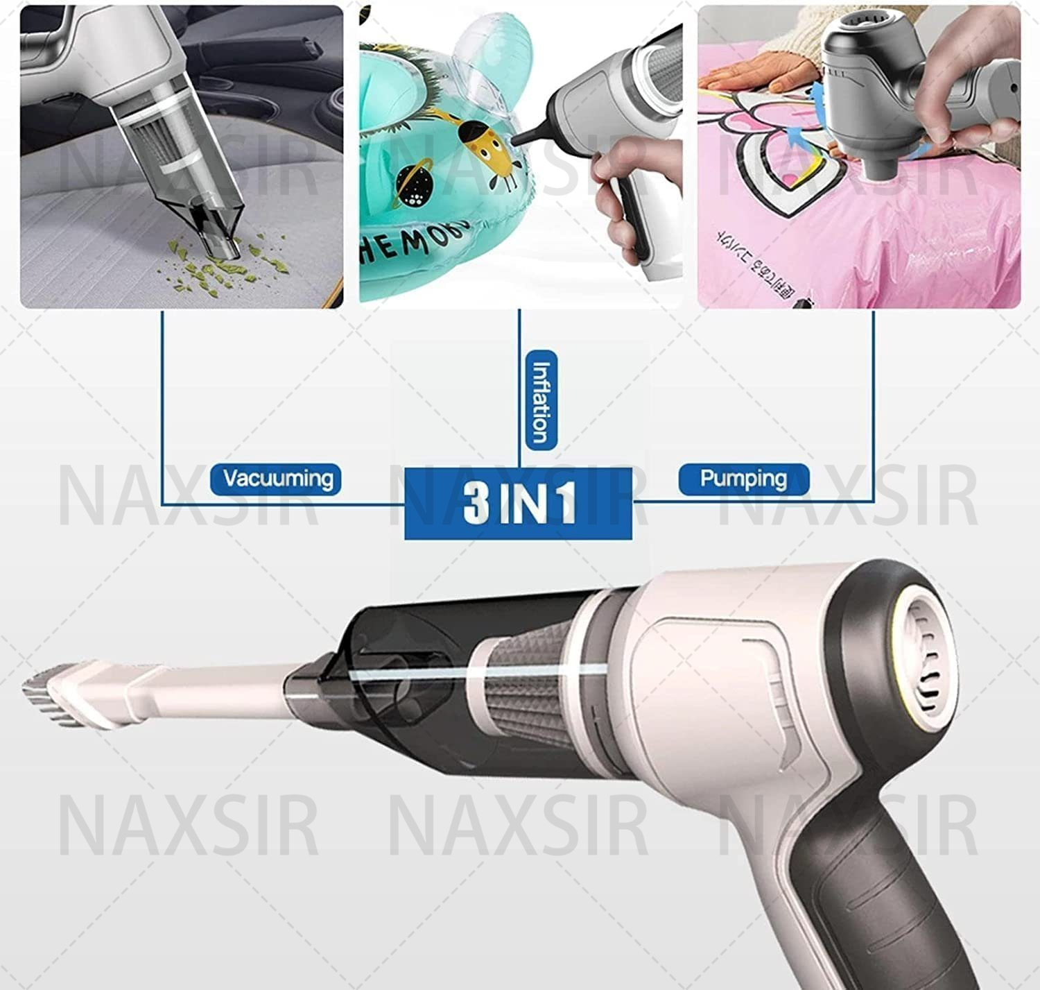 Ein 3-in-1-Staubsauger, der Vakuumieren, Aufblasen und Pumpen zeigt.