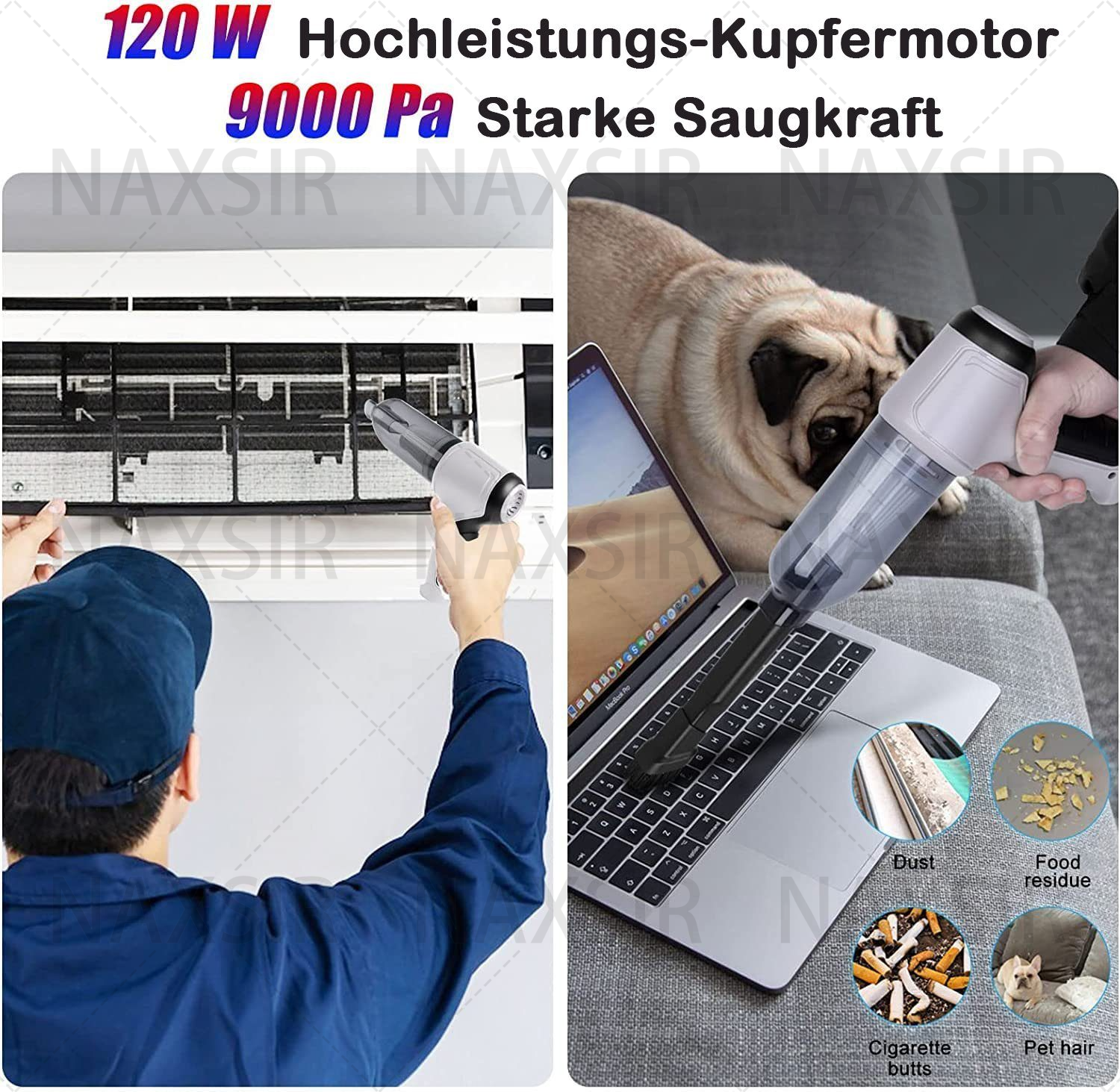 Staubsauger reinigt Klimaanlage. Saugen eines Laptops mit einem Mops. Verschiedene Ablagerungen werden gezeigt.