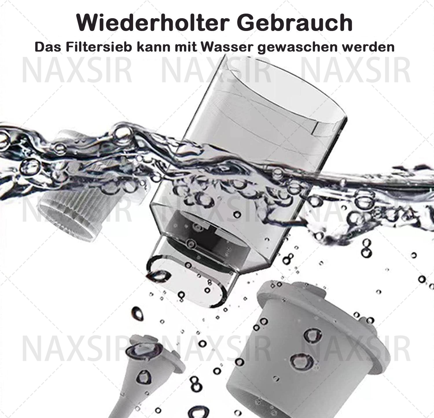 Teile eines Wasserfilters mit Text. Der Filter, Filterteile und Wassertropfen sind zu sehen, mit Naxsir-Text.