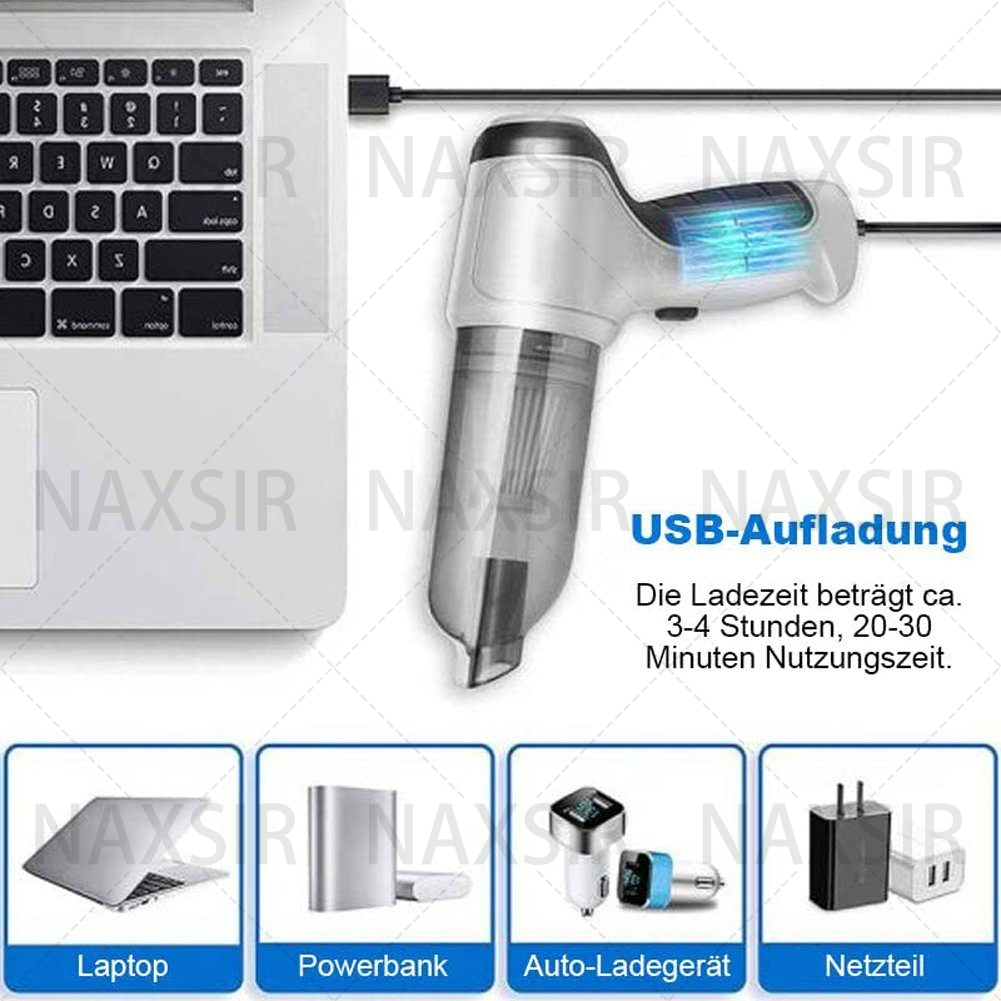 Laptop, Staubsauger und Zubehör zum Aufladen. Text auf Deutsch.