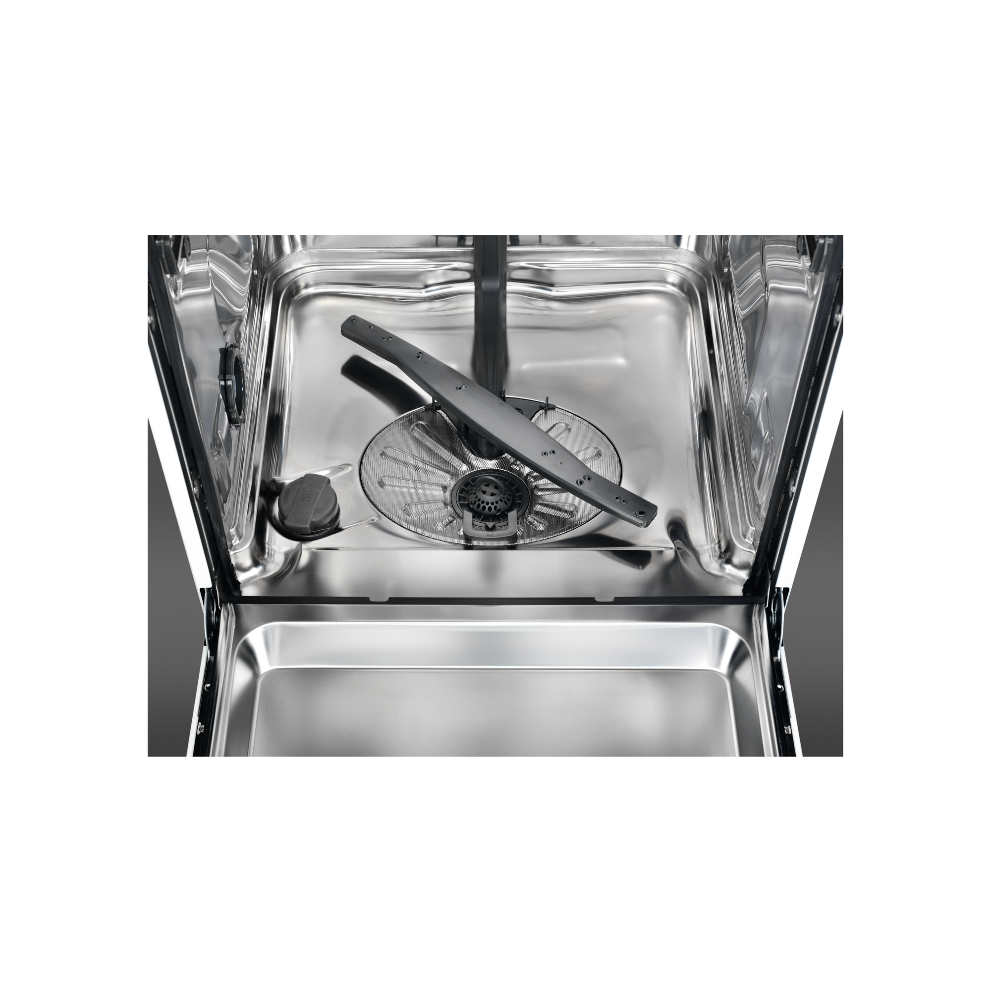 Wnętrze zmywarki, stal nierdzewna. Ramię spryskiwacza i filtr widoczne. Otwarte drzwi, ciemne tło.