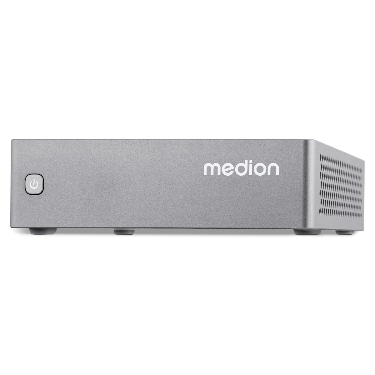Dispositivo Medion plateado con un botón de encendido. El fondo es blanco.