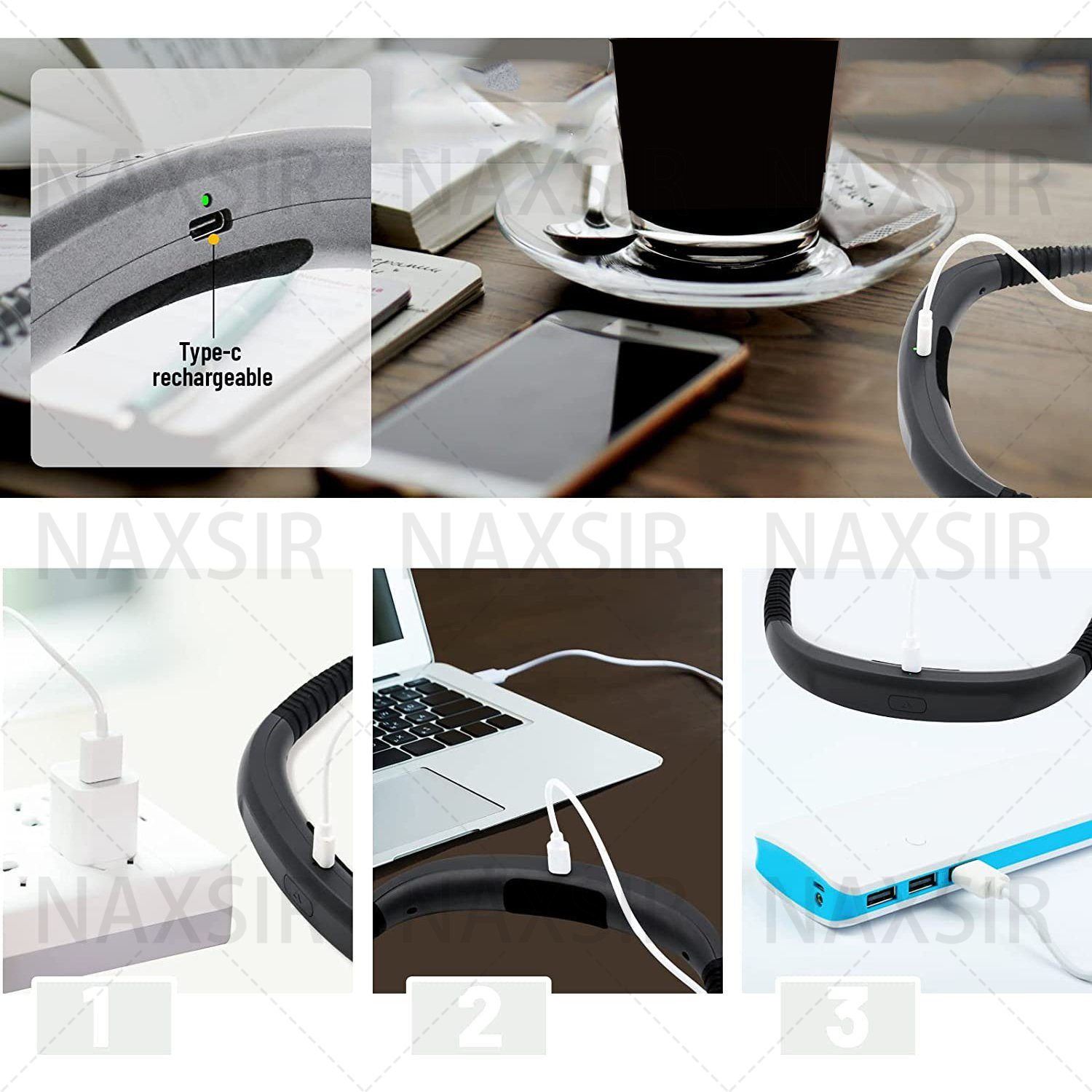Bilder zeigen ein schwarzes Nackenband, das über USB aufgeladen wird und mit Laptop/Powerbank verwendet wird.