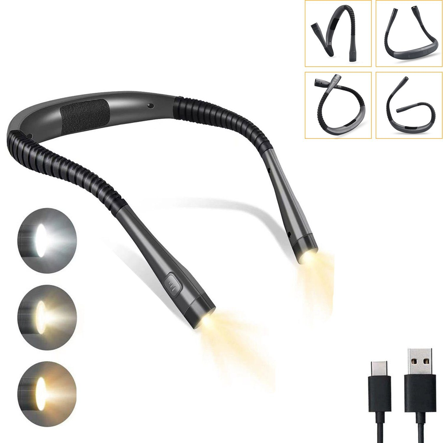 Nackenlicht mit drei Lichteinstellungen und einem USB-C- und USB-A-Ladekabel.