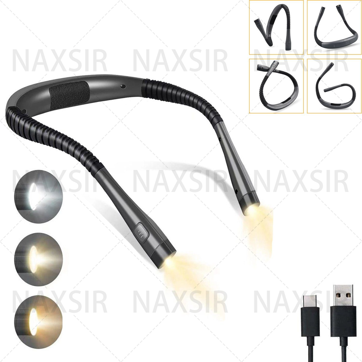 Schwarzes Nackenlicht mit flexiblen Armen und mehreren Lichteinstellungen, mit USB- und Netzkabel. Weißer Hintergrund.