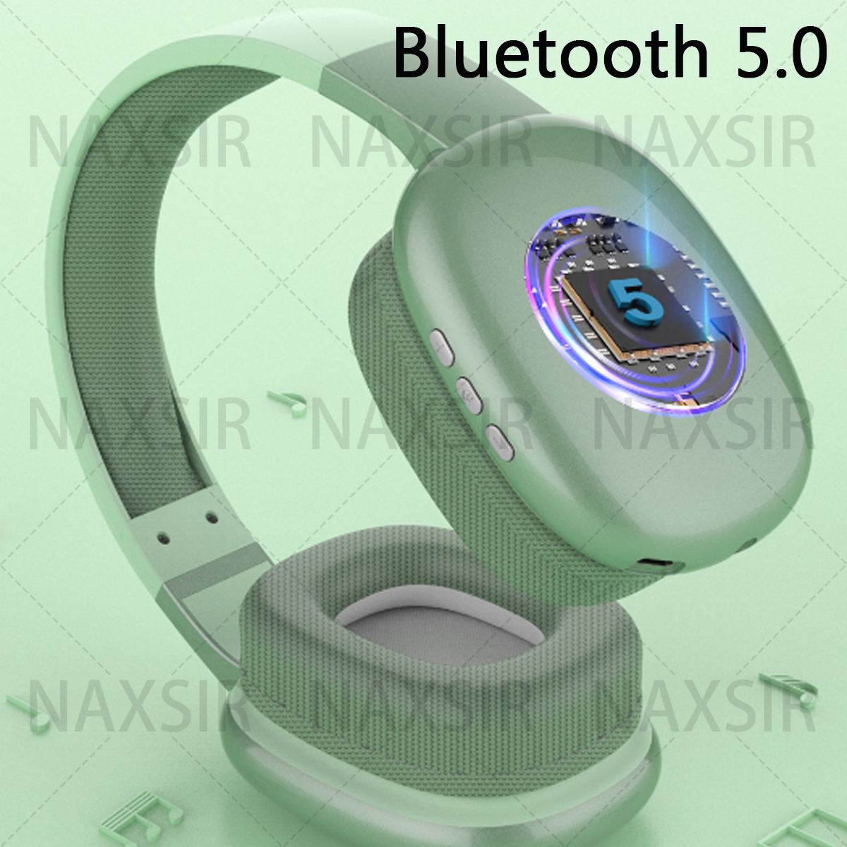 Grüne Kopfhörer mit Text 'Bluetooth 5.0' auf pinkem Hintergrund.