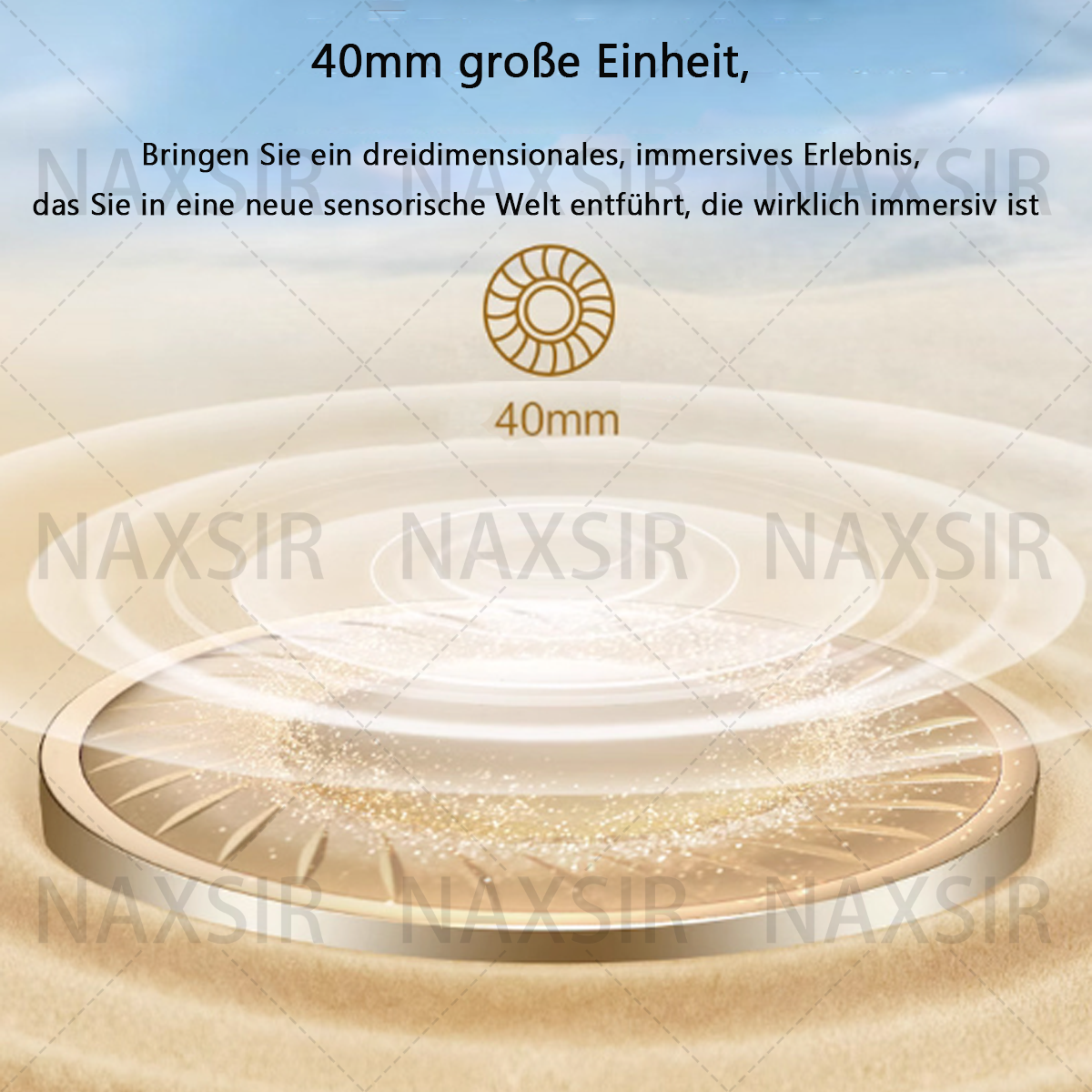 Eine goldene 40-mm-Scheibe auf sandigem Untergrund mit Text: 40mm große Einheit. Ein Logo.