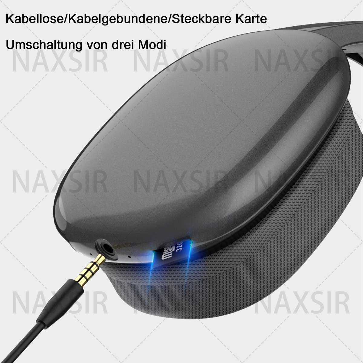 Kopfhörer mit eingesetzter SD-Karte. Text: Kabellos/Kabelgebunden/Steckbare Karte. Umschaltung von drei Modi.