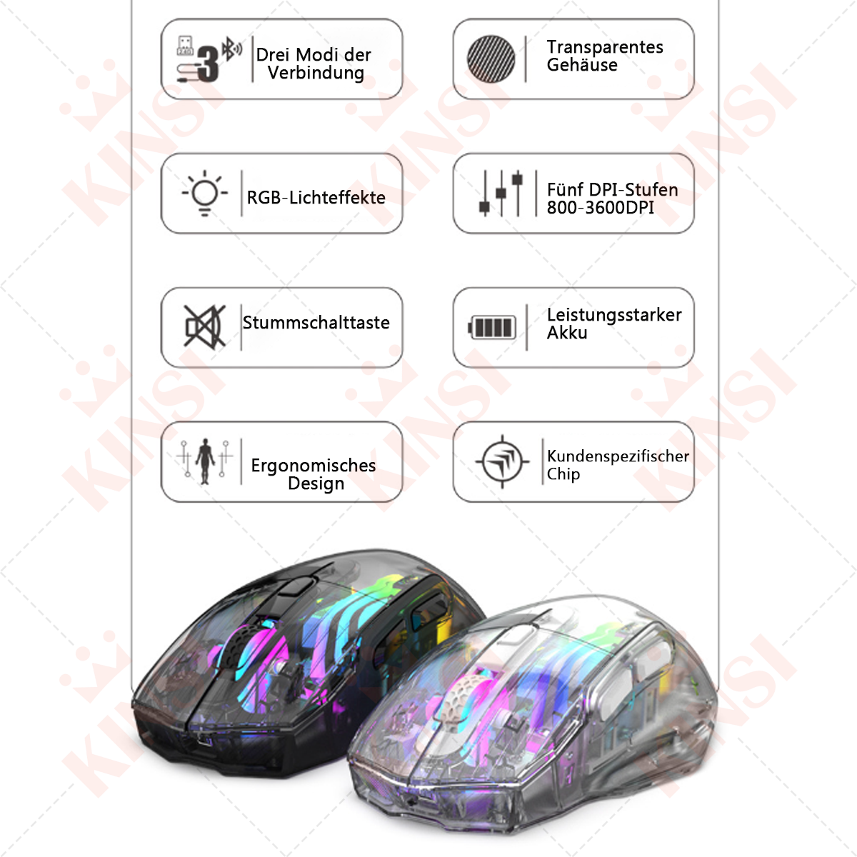 Zwei Gaming-Mäuse mit transparenten Gehäusen. Merkmale: RGB-Lichter, DPI, Stummtaste, Akku, ergonomisches Design.