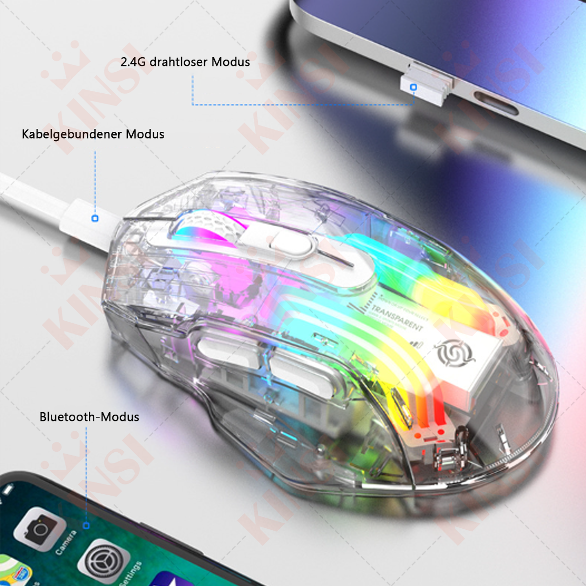 Transparente Gaming-Maus mit bunten Lichtern und Textbeschriftungen.