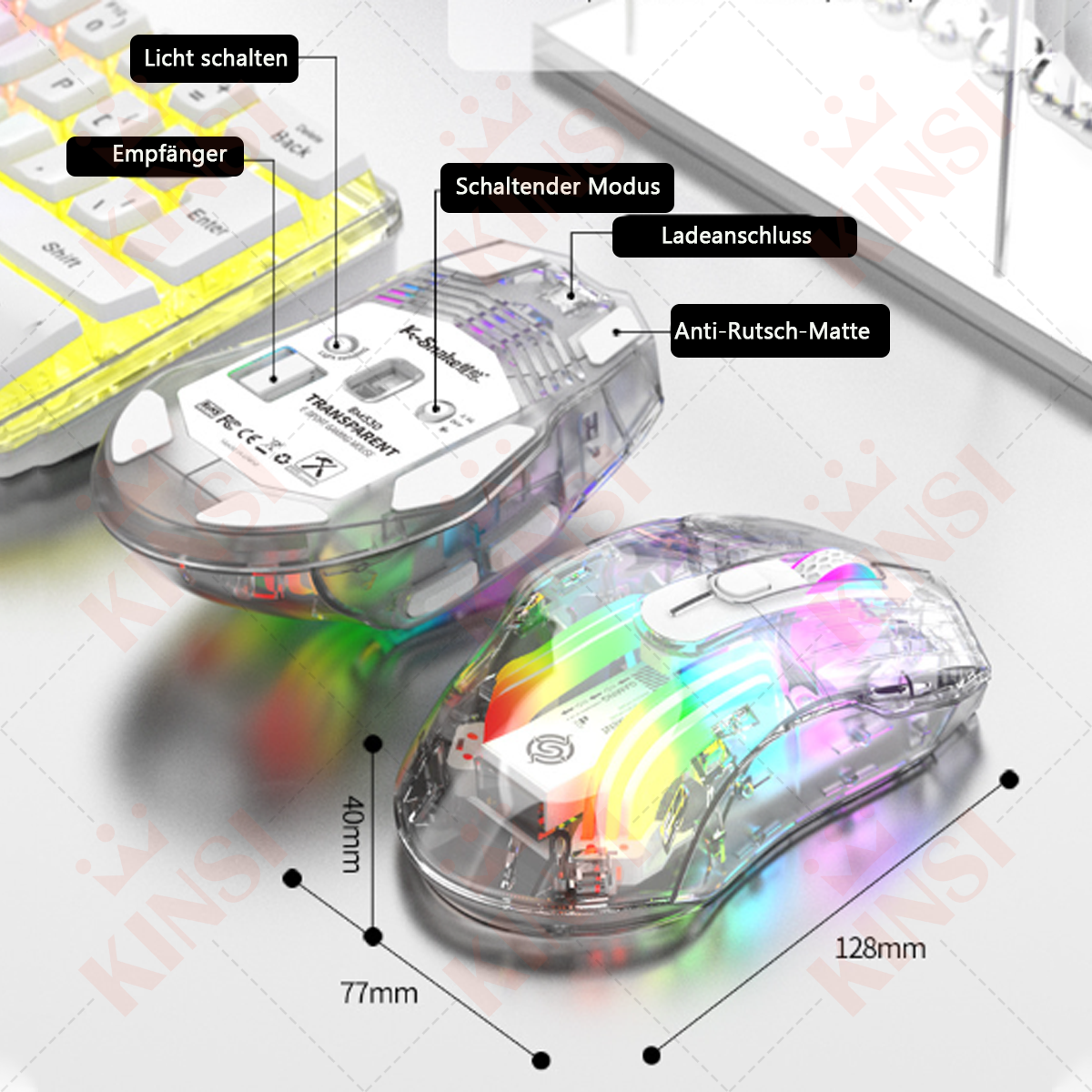 Transparente Maus mit leuchtenden Lichtern, mit Maßangaben und deutschem Text.