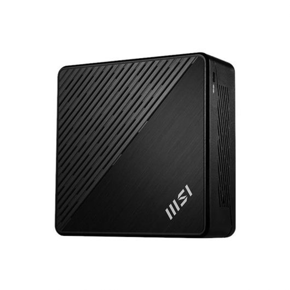 Carcasa de computadora MSI negra y elegante. Líneas diagonales al frente. Logo MSI.