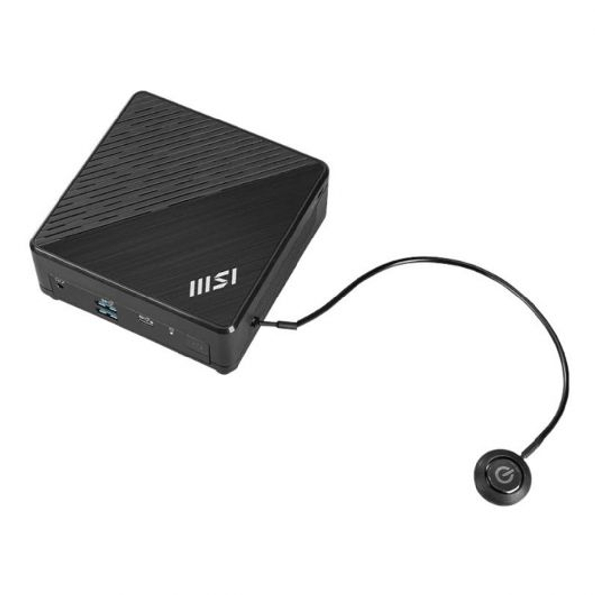 Ordenador MSI negro. Botón de encendido en un botón negro separado. Diseño elegante y angulado.