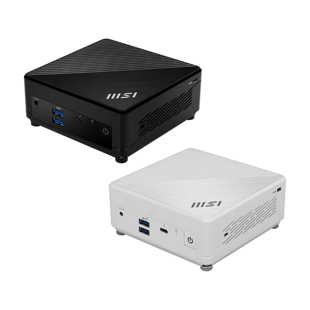 Dos mini-ordenadores, negro y blanco. Panel frontal: USB y botones de encendido. Fondo blanco.