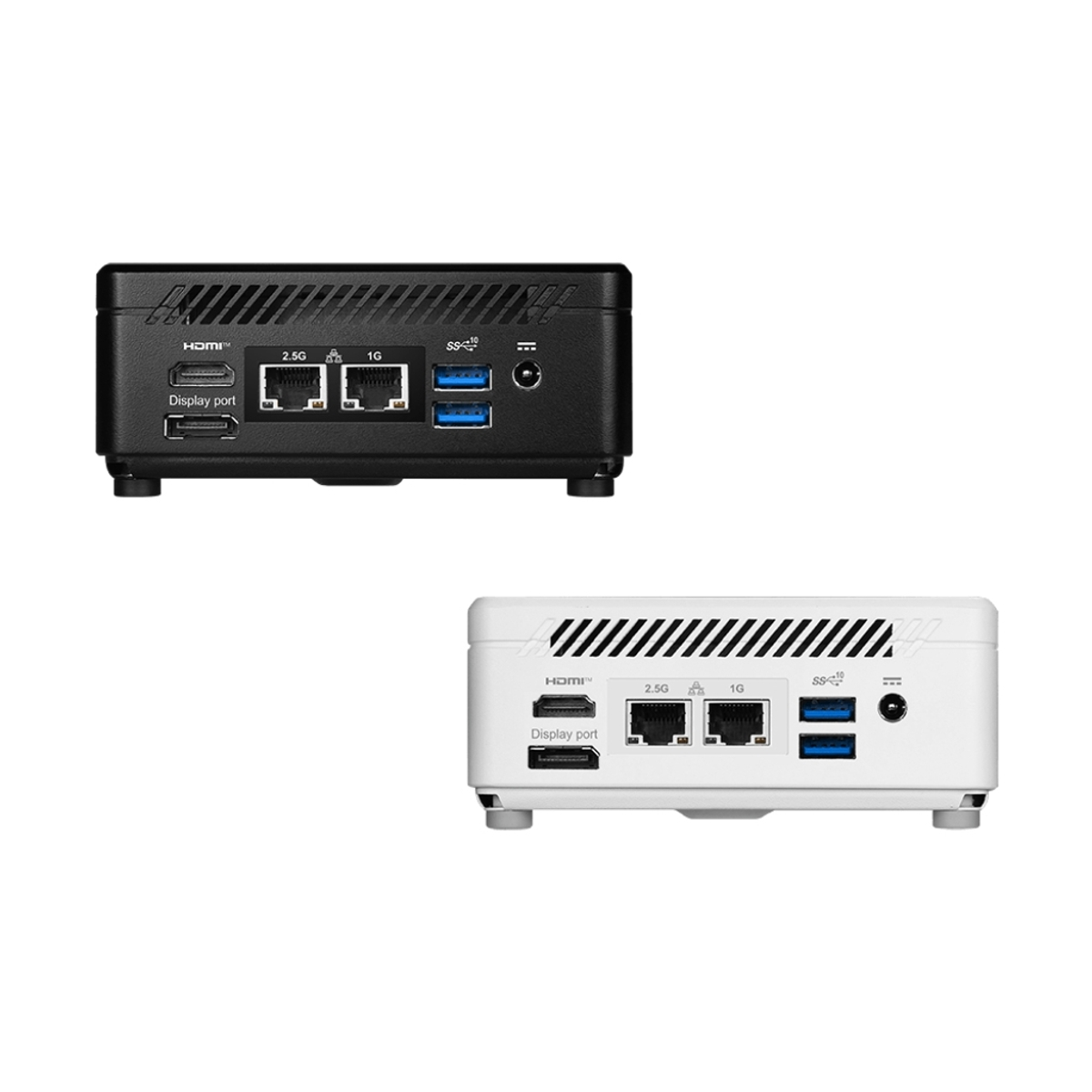 Dos pequeños dispositivos de red blanco y negro con puertos y conectores de antena.