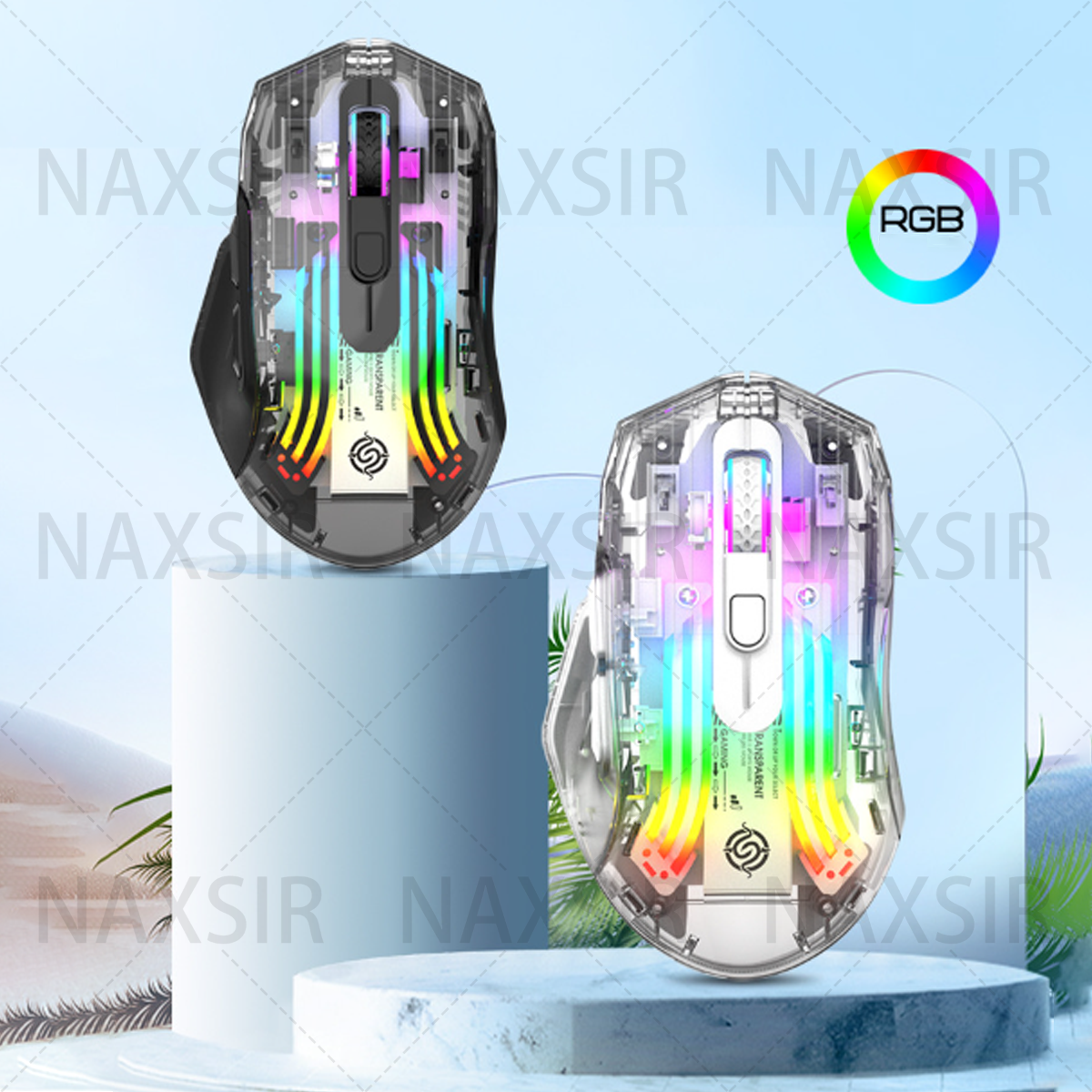 Zwei transparente Gaming-Mäuse mit RGB-Beleuchtung auf einem Podest. Ein farbiger RGB-Kreis rechts.