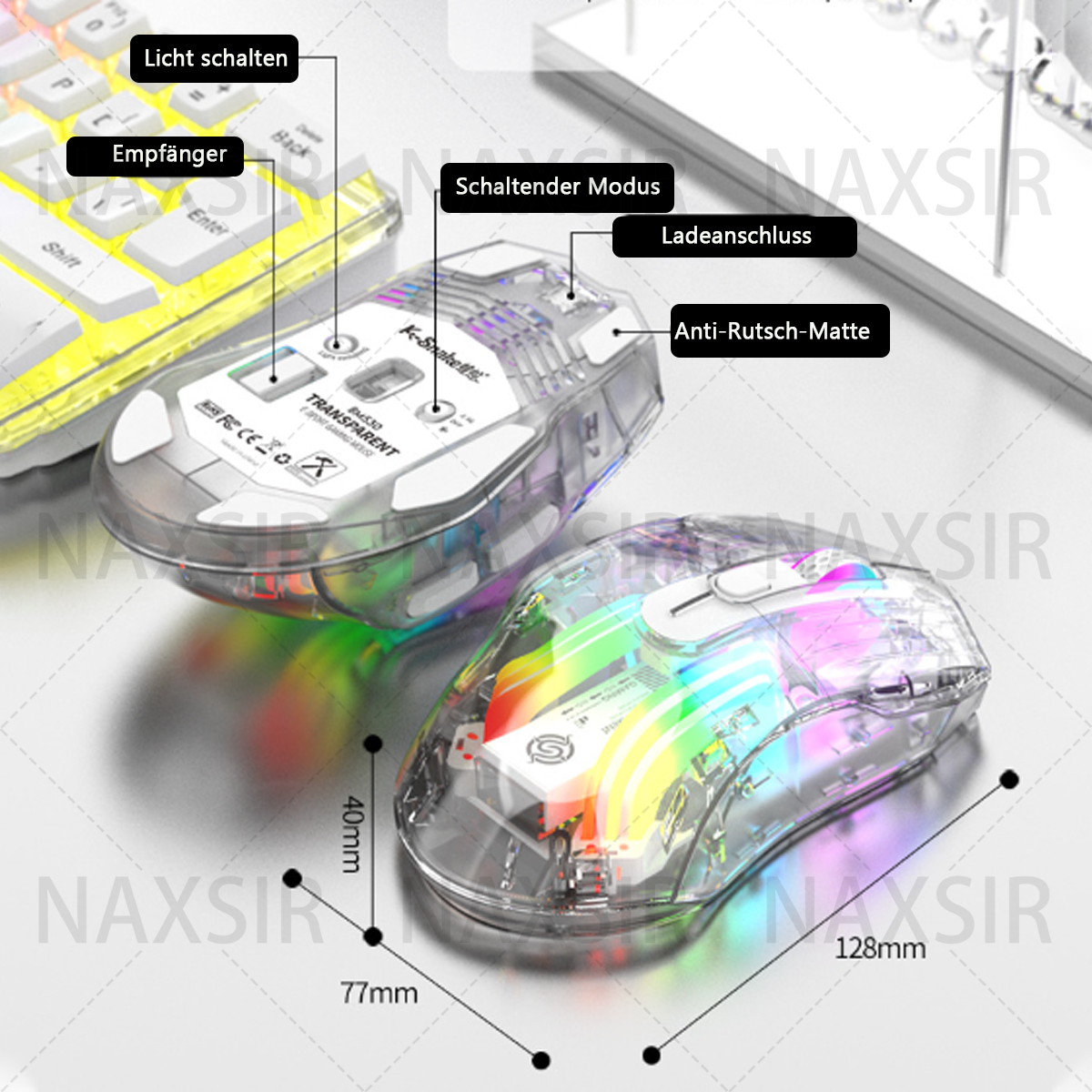 Transparente Gaming-Maus und Tastatur. Maus hat farbige Lichter, Tastatur hat weiße Tasten.