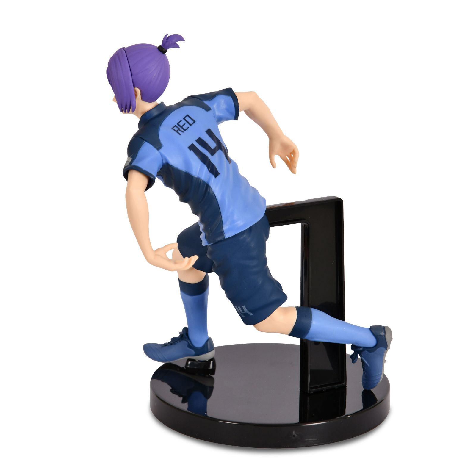 Figur eines Fußballspielers in blauem Trikot beim Laufen, mit Pferdeschwanz und Nummer 14 auf dem Rücken.