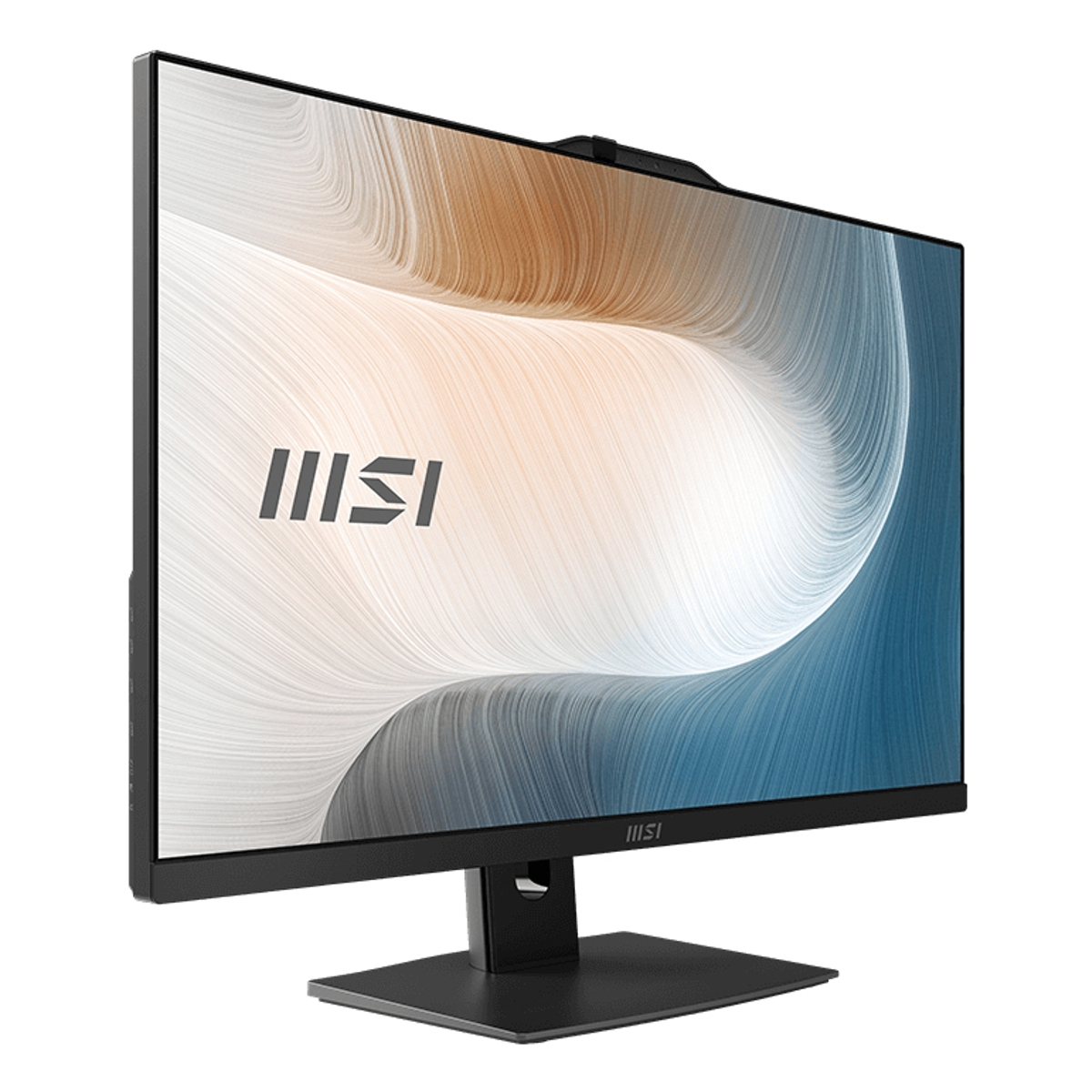 Un monitor MSI nero con schermo curvo e webcam in alto. Il logo MSI è visibile.