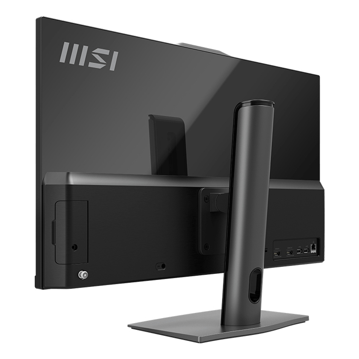 La vista trasera de un monitor de computadora negro. Se ven el soporte y los puertos.